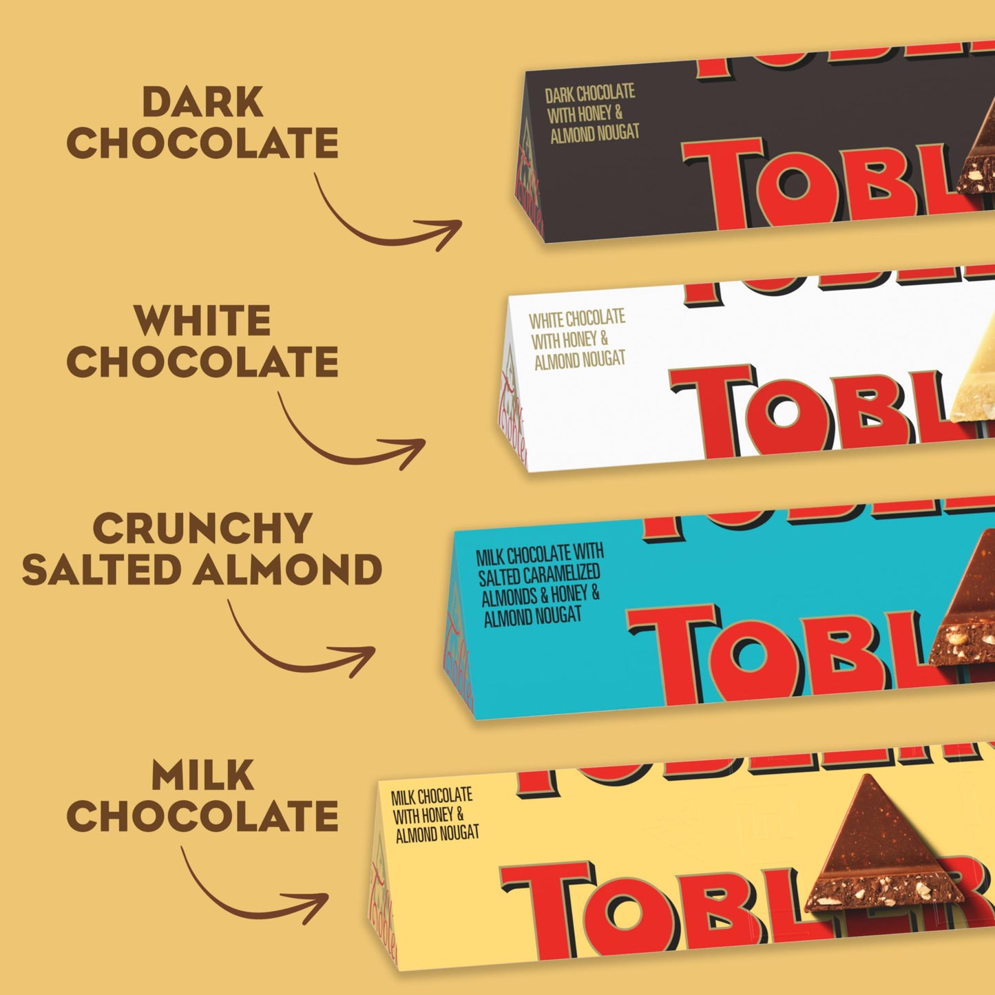 Toblerone Chocolate Variety Pack (Milk Chocolate, Dark Chocolate, White Chocolate, & Milk Chocolate With Salted Caramelized Almonds), Easter Chocolate, 12 - 3.52 Oz Bars