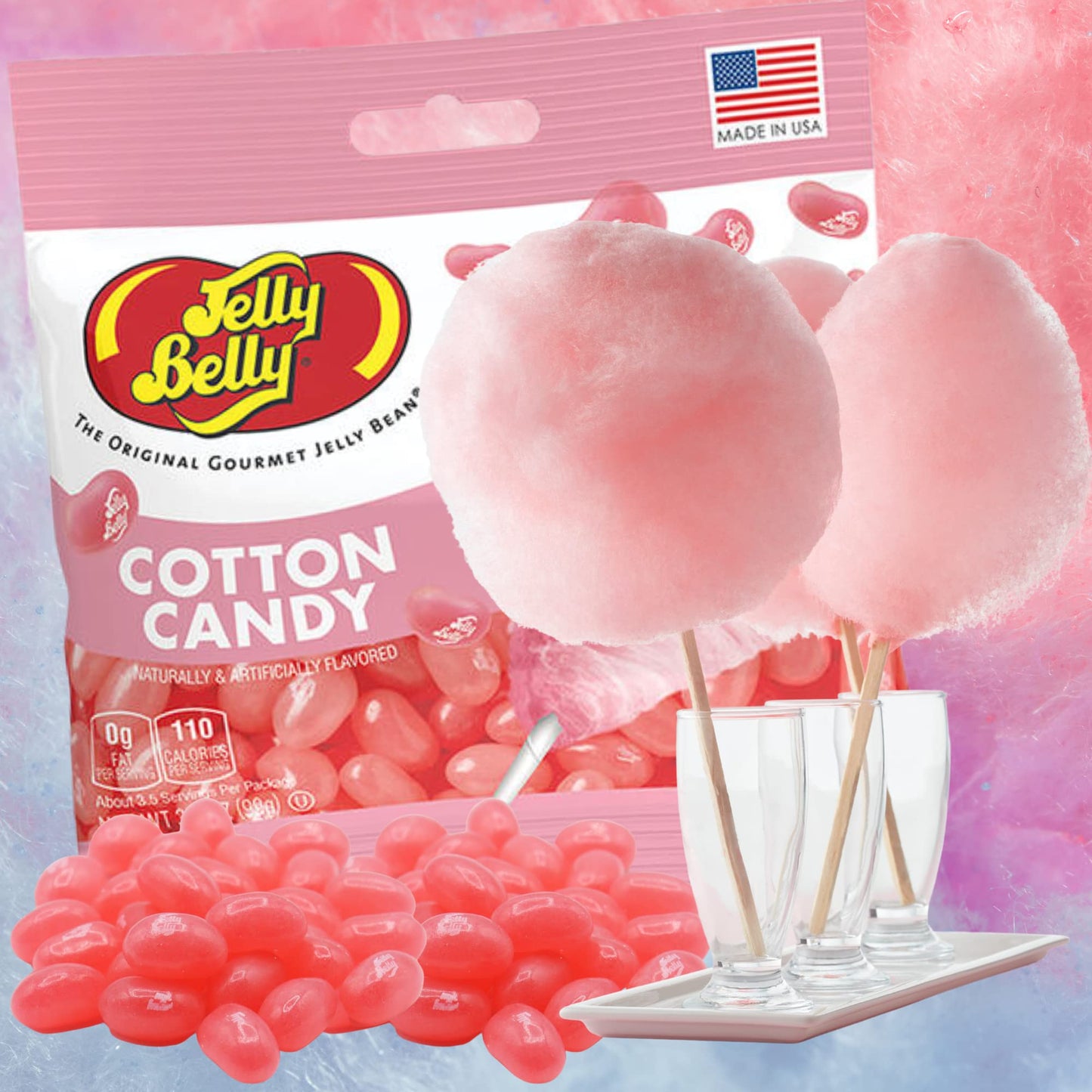 Needzo Jelly Bean Cotton Candy Flavored Beans, Pink Carnival Themed Gourmet Chewy Candy For Boys Or Girls, Shareable Bagged Candies, Pack Of 3, 3.5 Ounces