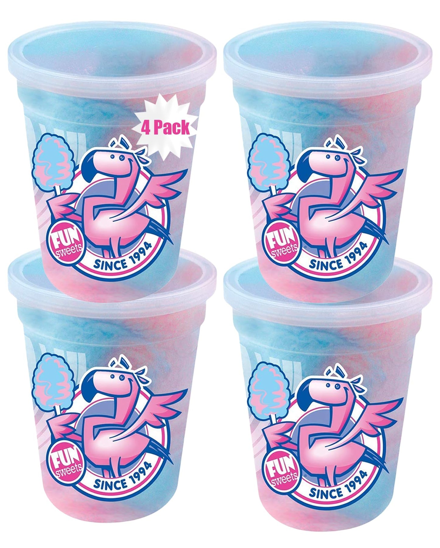 Fun Sweets Cotton Candy 4-Pack - Blue Raz and Cherry Swirl Flavor CottonCandy in 1.5 oz Tubs - Individual Carnival Cotton Candy 