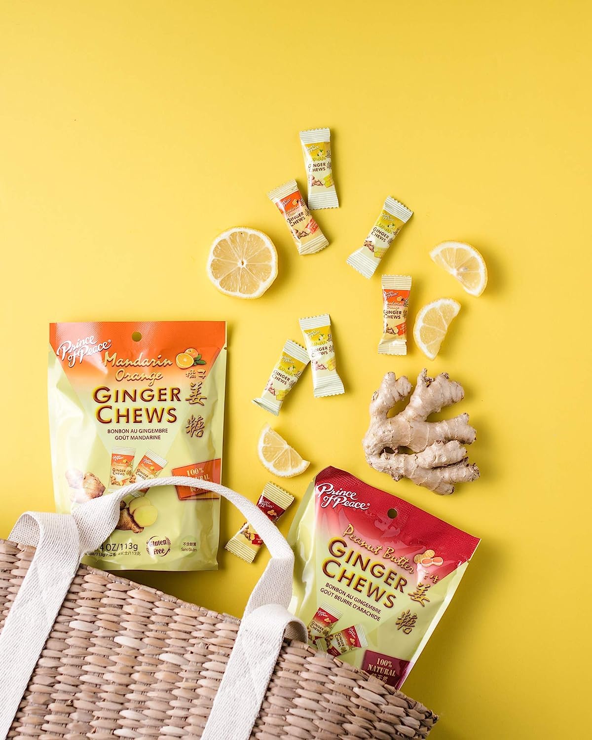 Prince Of Peace Ginger Chews Variety Pack 4Oz - Flavors Original, Lemon, Blood Orange, 100% Natural, Non-Gmo, Vegan And Gluten-F