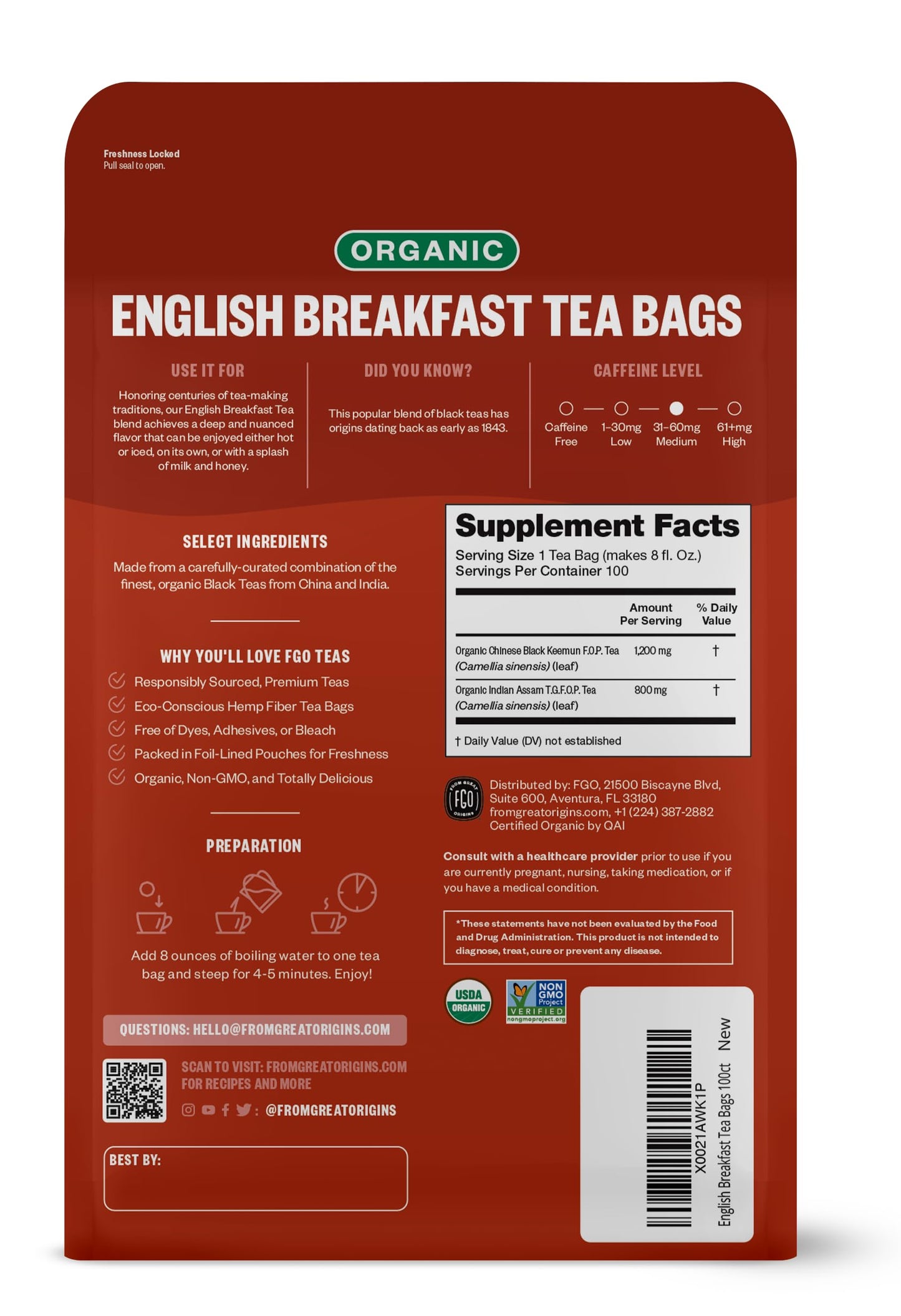 Fgo Organic English Breakfast Black Tea, Eco-Conscious Tea Bags, 100 Count, Packaging May Vary (Pack Of 1)