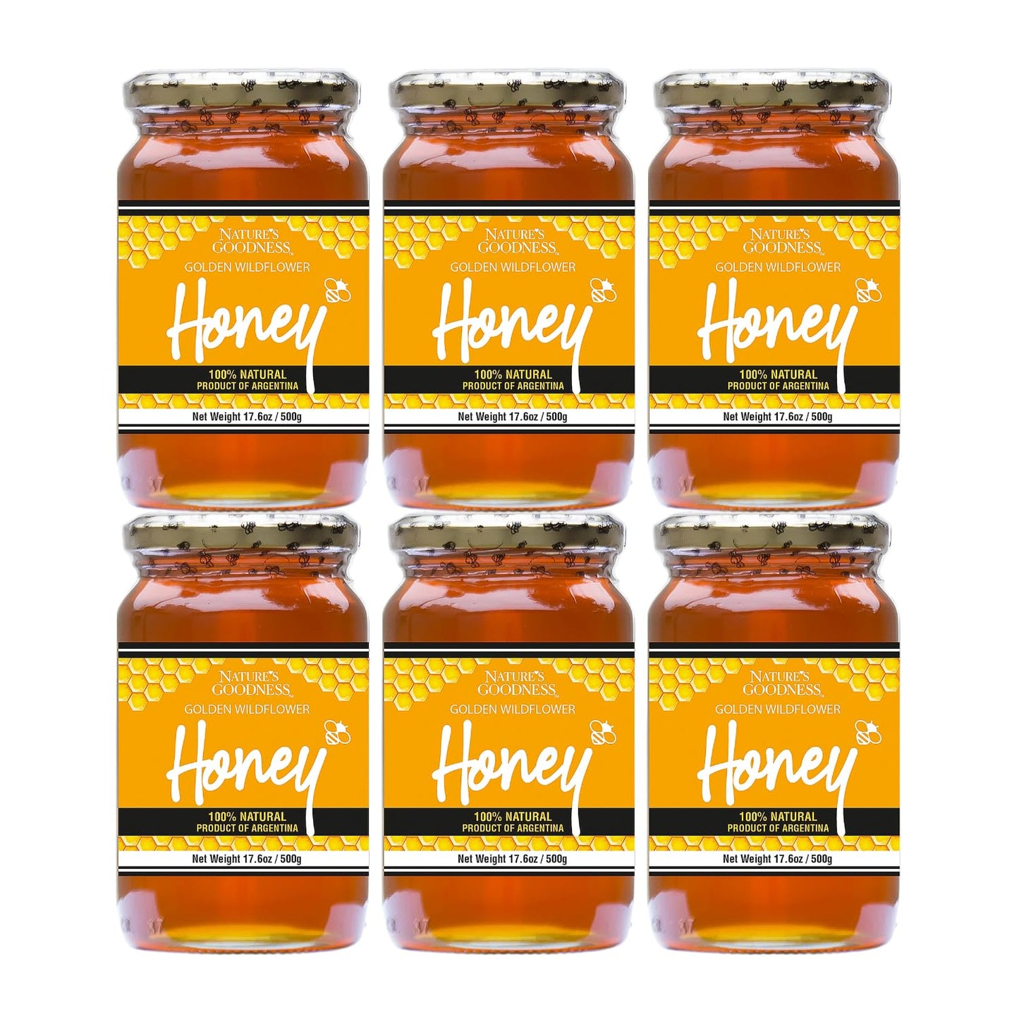 Nature's Goodness Golden Wildflower Honey in Glass Jar - Pure Real Honey for Tea, Baking & Cooking - 17.6 Oz (6 Pack) - 6.6 Poun