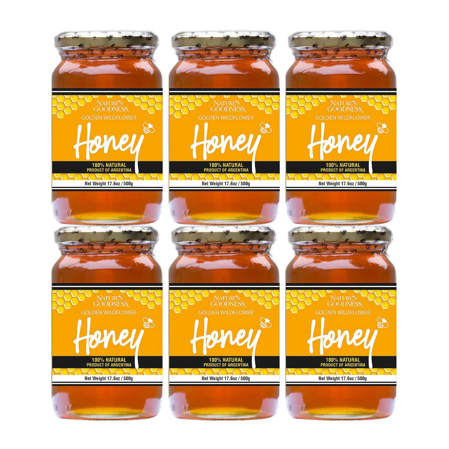 Nature's Goodness Golden Wildflower Honey in Glass Jar - Pure Real Honey for Tea, Baking & Cooking - 17.6 Oz (6 Pack) - 6.6 Poun