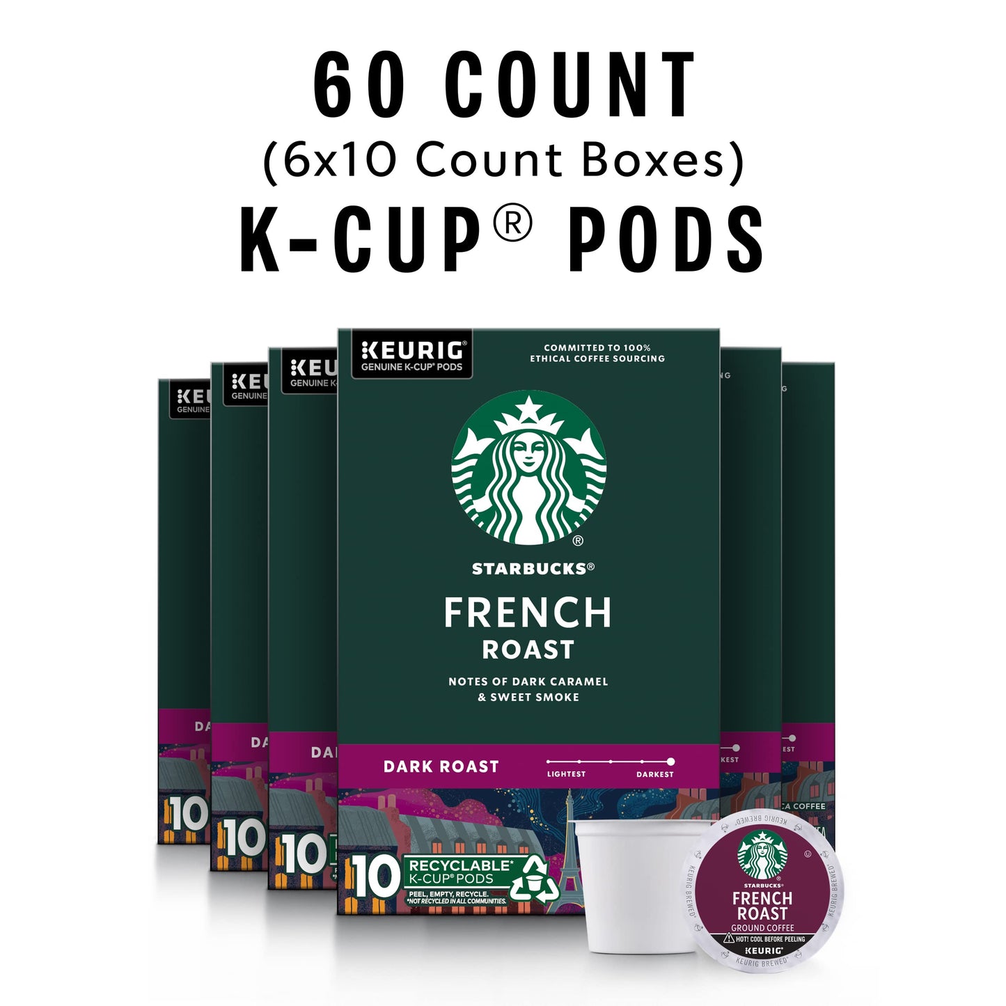 Starbucks K-Cup Coffee Pods, Dark Roast, French Roast, 60 Pods (6 Boxes), 100% Arabica
