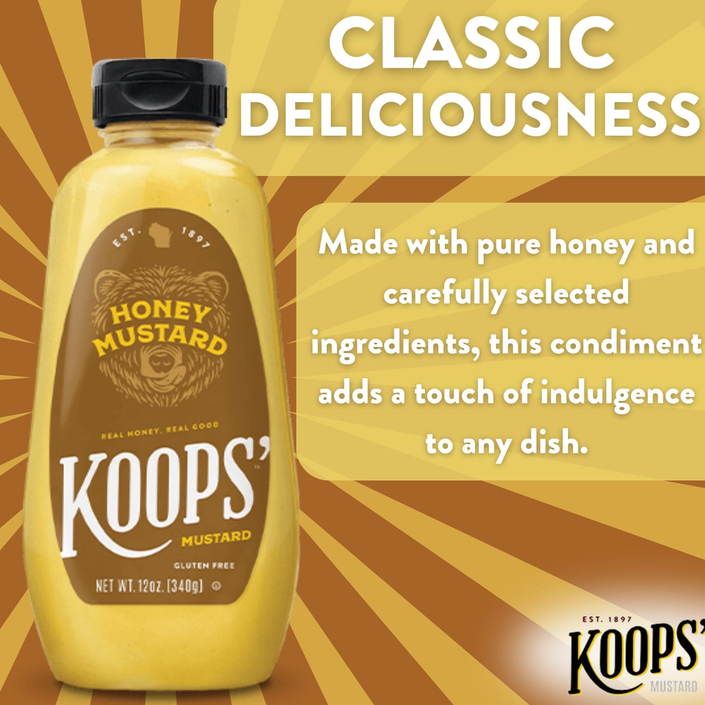 Koops' Honey Mustard - Gourmet Mustard, Gluten-Free, Kosher, Made In Usa, From Quality Mustard Seeds, Honey Mustard Sauce - 12 O
