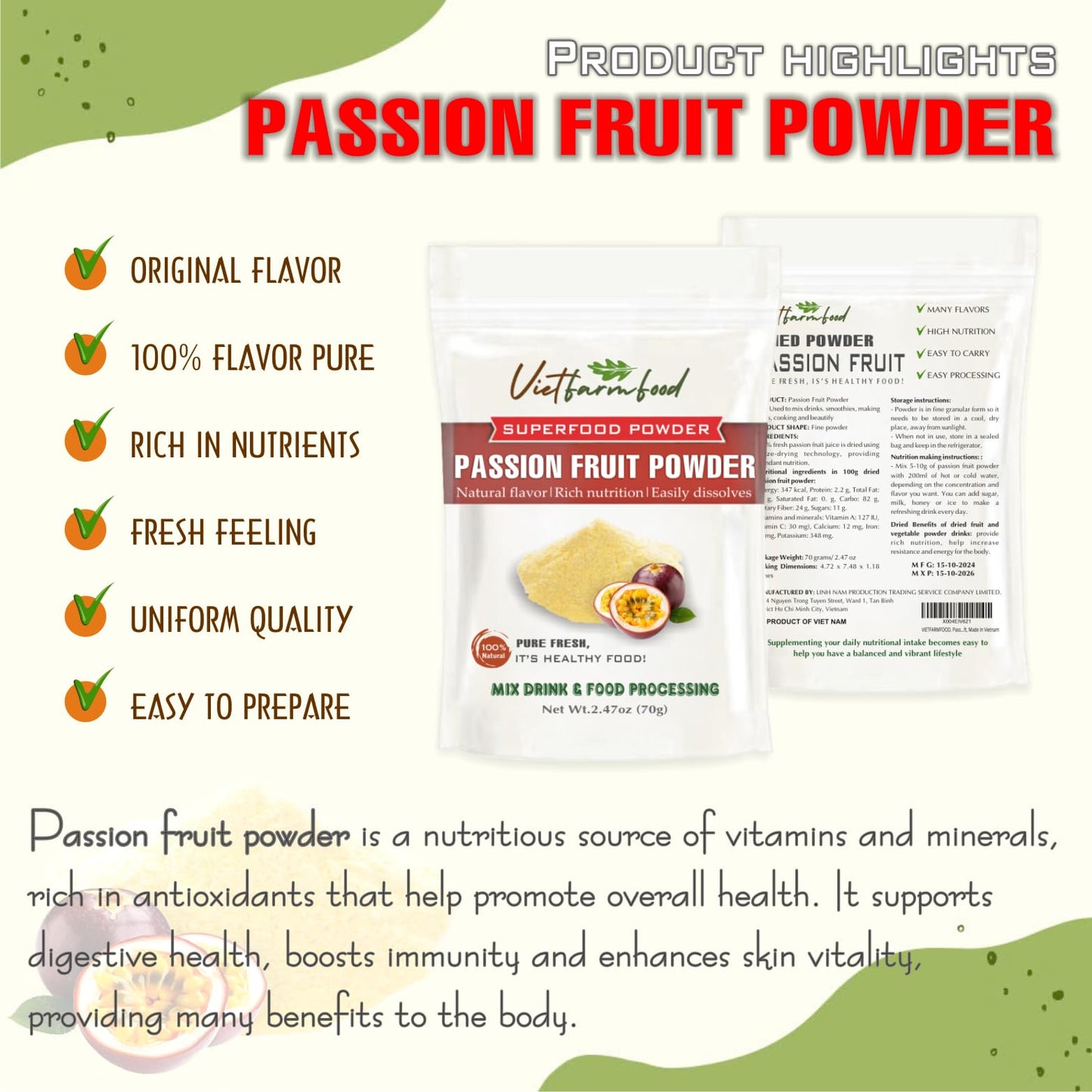 Passion Fruit Powder 2.47 Oz (70G) Vietfarmfood: Freeze-Dried Extracted From 100% Pure, Sugar-Free. Used To Mix Mixed Drinks Fre