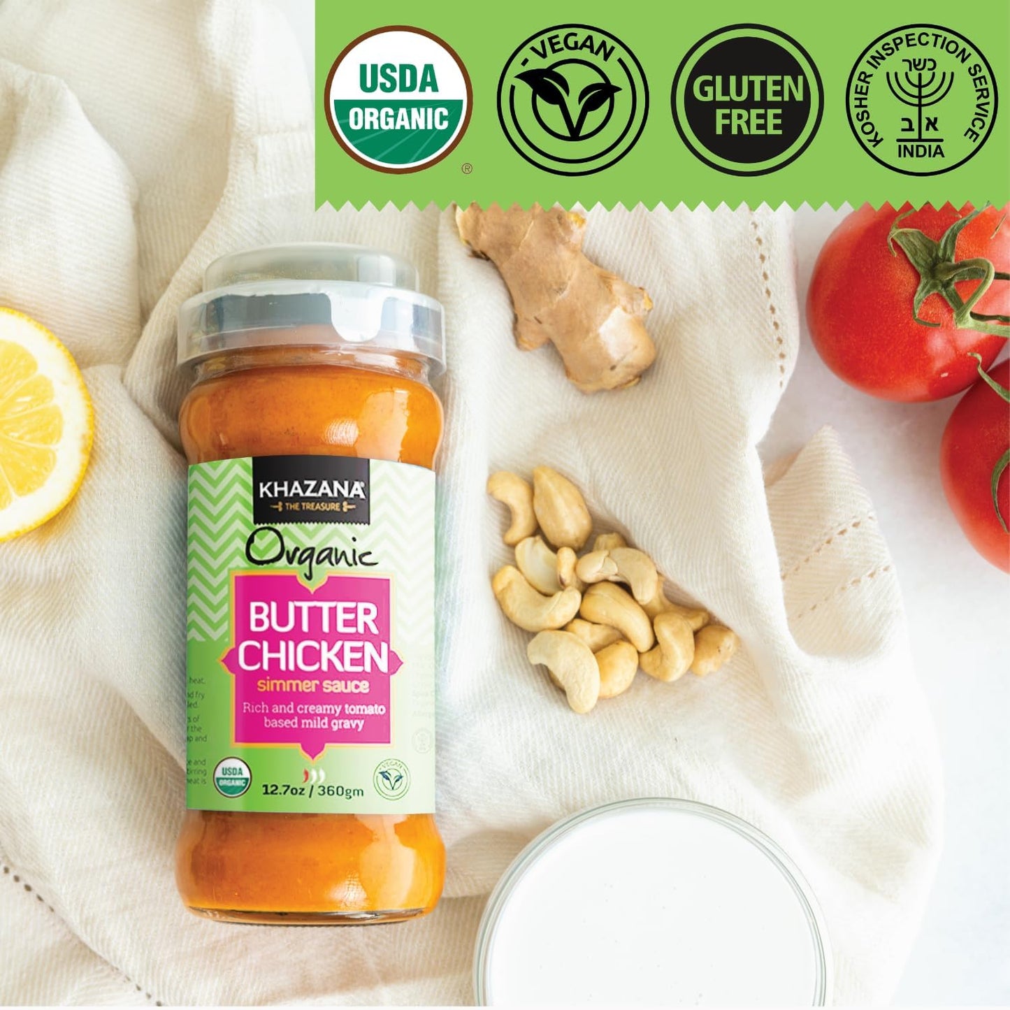 Khazana ORGANIC Butter Chicken Simmer Sauce - Non-GMO, Vegan, Gluten-Free - 6 x 12.7oz Jars