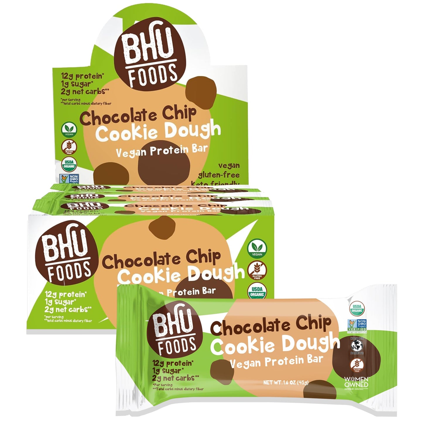 Bhu Foods Vegan Protein Bars. Chocolate Chip Cookie Dough, Organic Keto Snack - Low Carb & Low Sugar, Grain & Gluten Free, Dairy