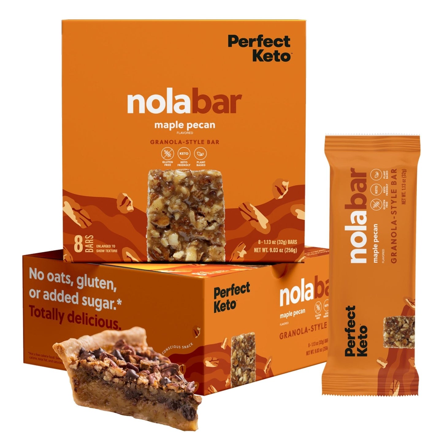 Perfect Keto Nola Bars, Gluten Free Low Carb Snack, 2g Net Carb, Maple Pecan, 8 Count