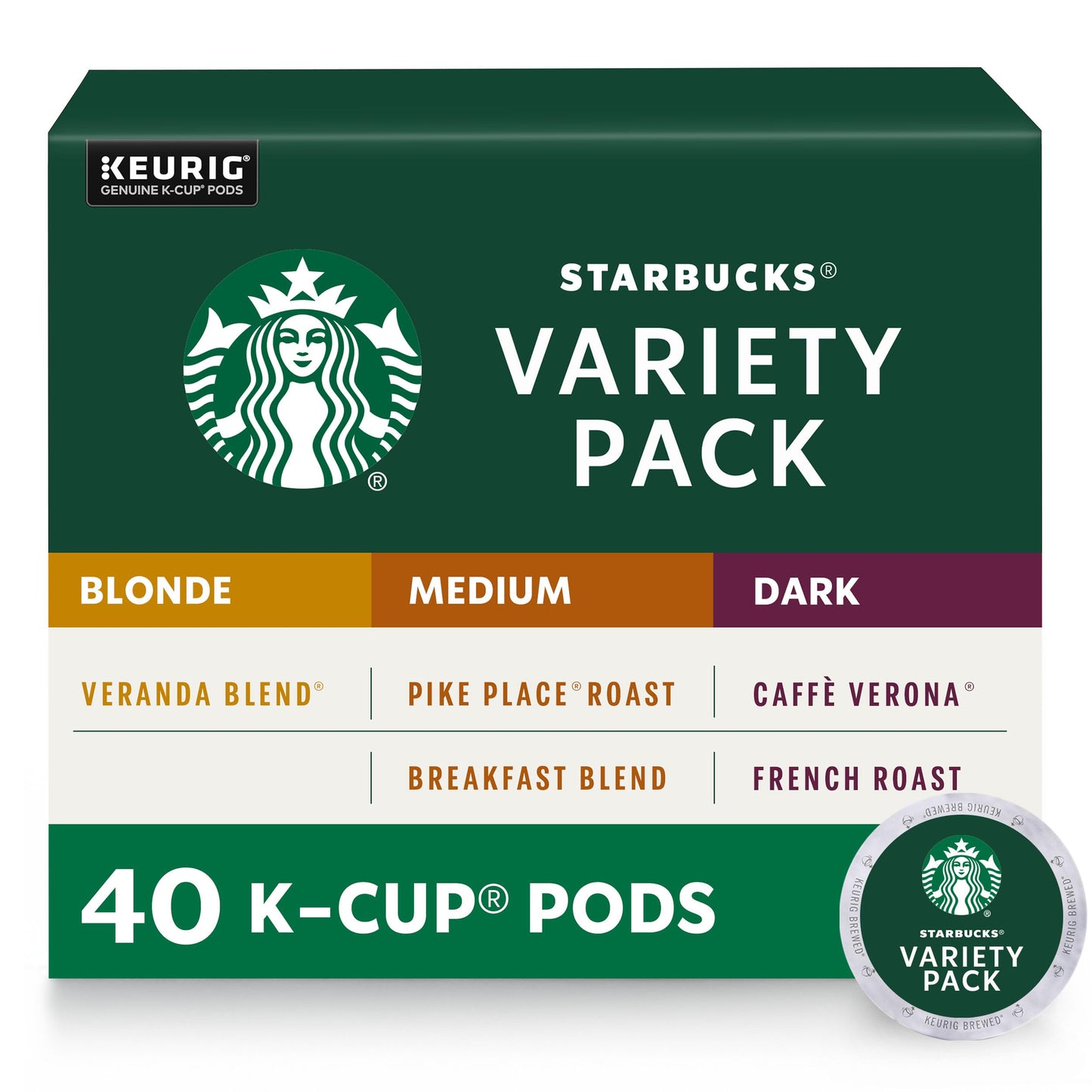 Starbucks K-Cup Coffee Pods Variety Pack - Blonde, Medium & Dark Roast - 40 Count - Black Variety