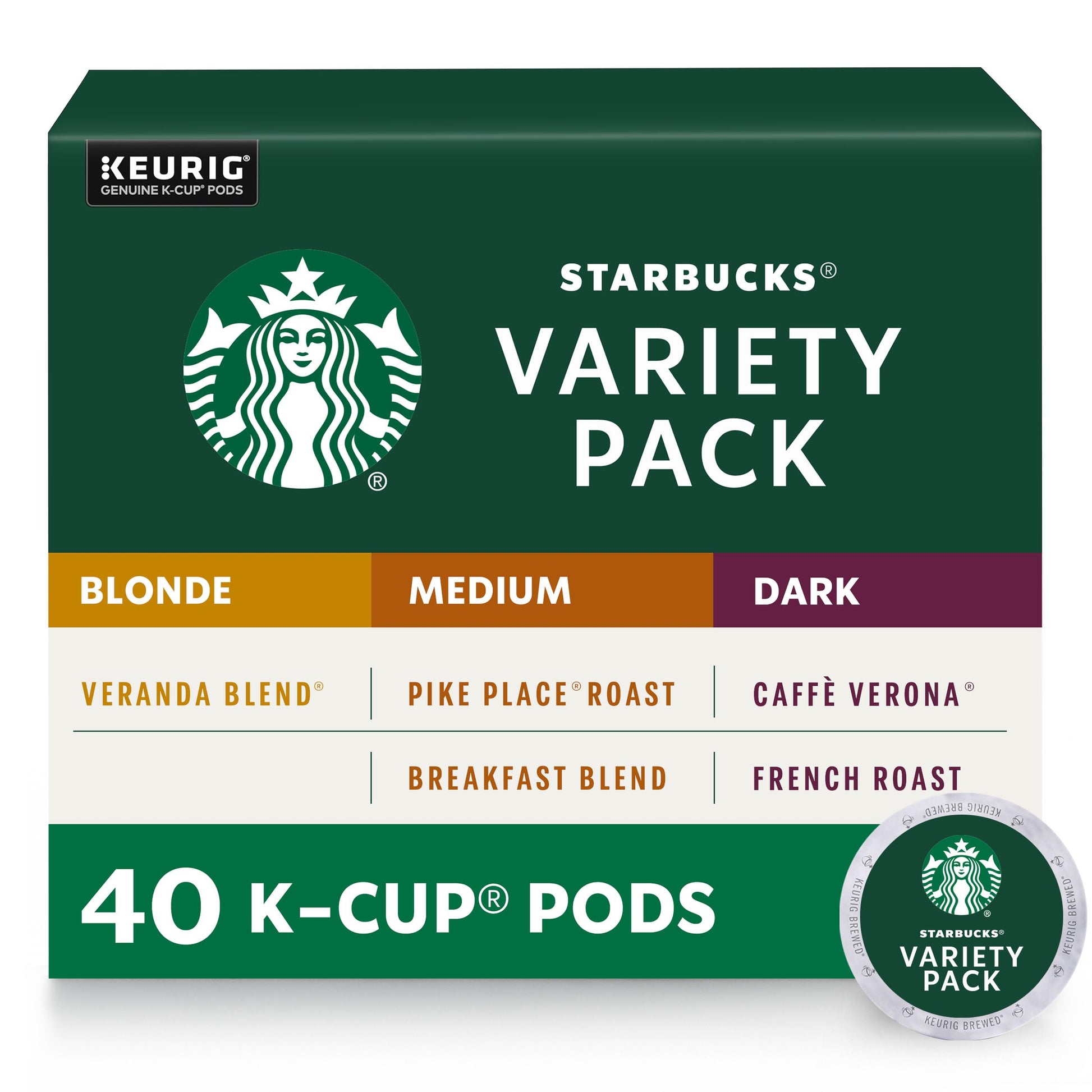 Starbucks K-Cup Coffee Pods Variety Pack - Blonde, Medium & Dark Roast - 40 Count - Black Variety