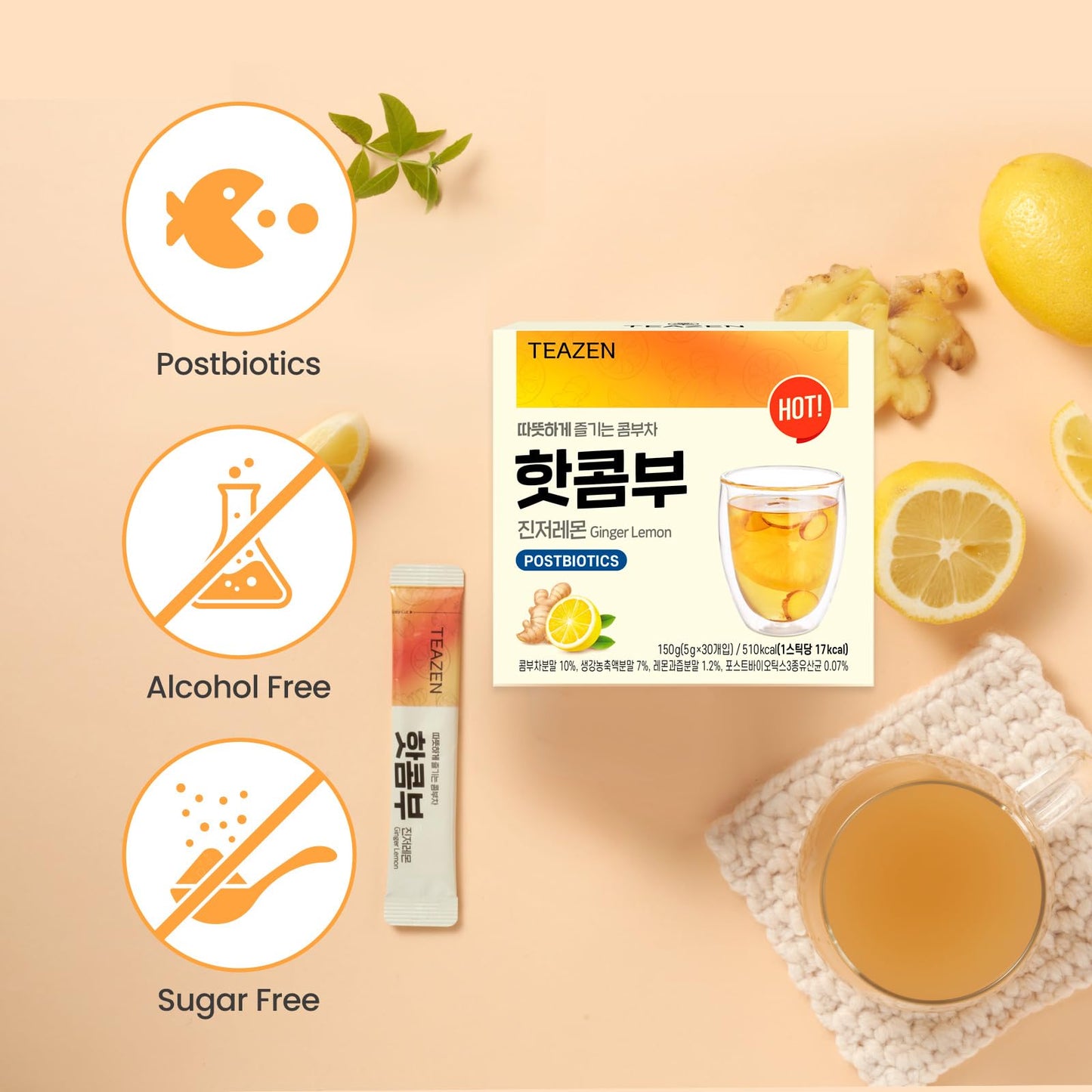 TEAZEN Lemon Ginger Hot Kombucha Tea, Sugar Free, 30 Servings, Relaxation Drink Mix