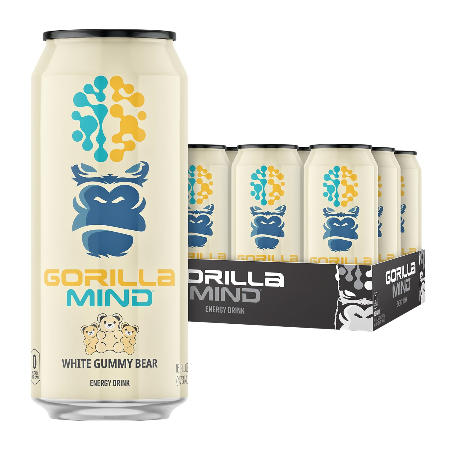 Gorilla Mind Energy Drink | Unmatched Energy  Amplified Focus | N-Acetyl-L-Tyrosine  Alpha-GPC  200mg Caffeine  Uridine  Saffron | 0 Sugar Or Artificial Colors | 16oz  12-Pack (White Gummy Bear)