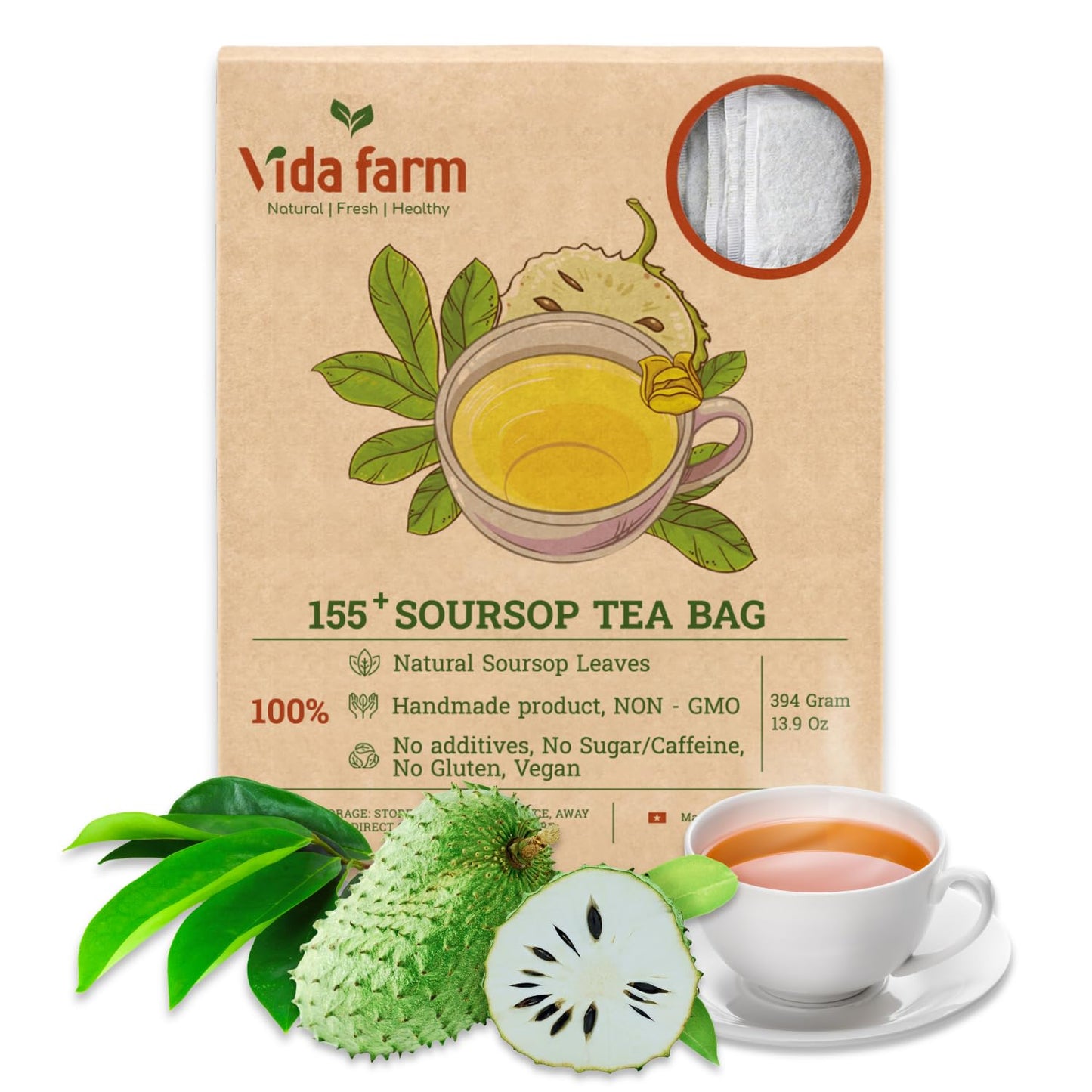 Vida Farm Soursop Tea Bags, 155 Count, 100% Natural Pure Soursop Leaves, Decaffeinated, Vegan, Gluten-Free