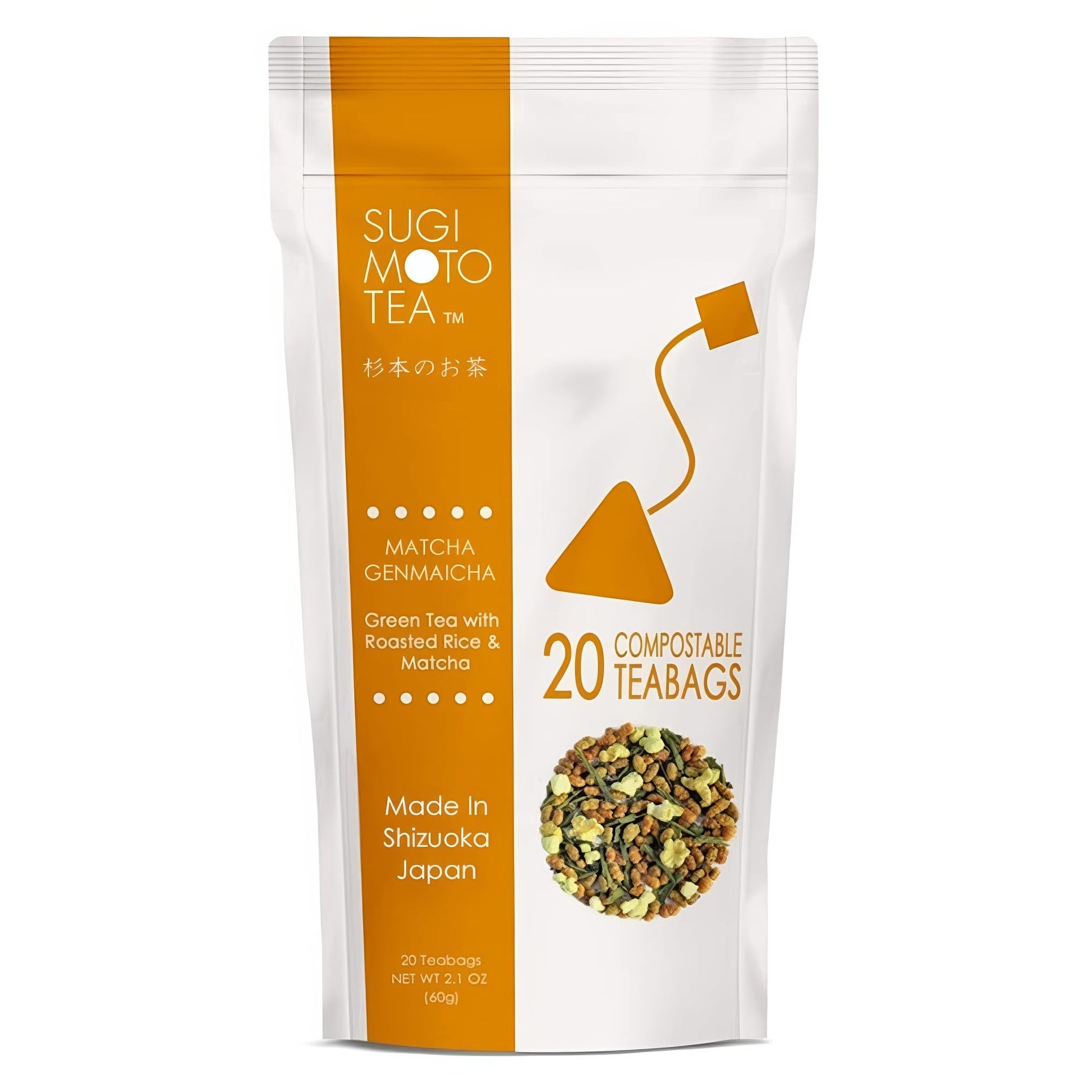 SUGIMOTO TEA Japanese Matcha Genmaicha Green Tea Bags, 20 Count, Pack of 1