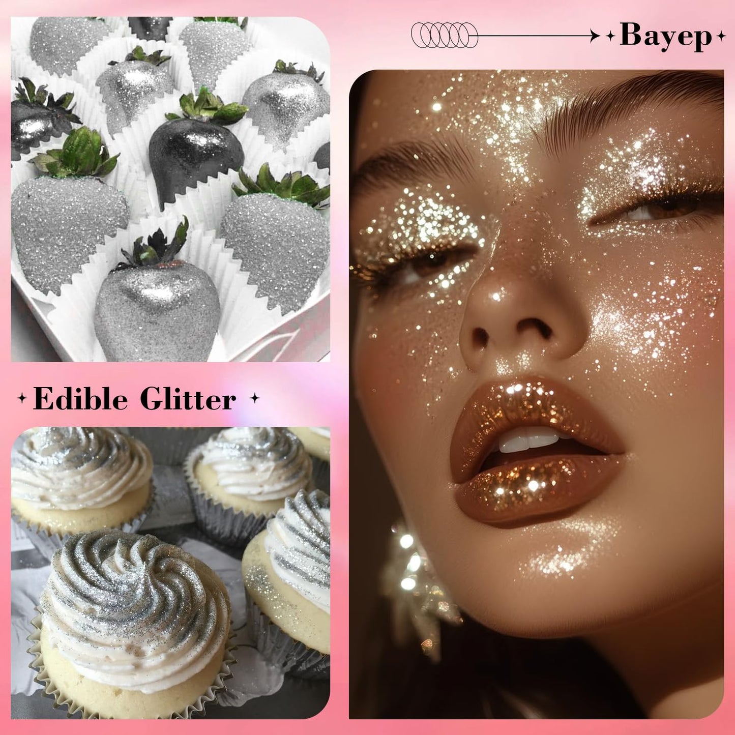 bayep Shimmer Silver Edible Glitter for Drinks and Cakes, 30g Luster Dust