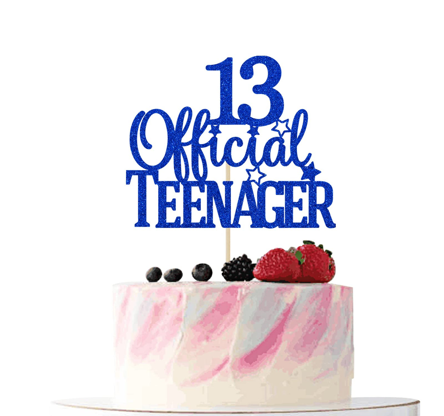 Blue Glitter 13 Official Teenager Cake Topper, Cheers To 13 Years Decor, 13Th Birthday Party Decorations