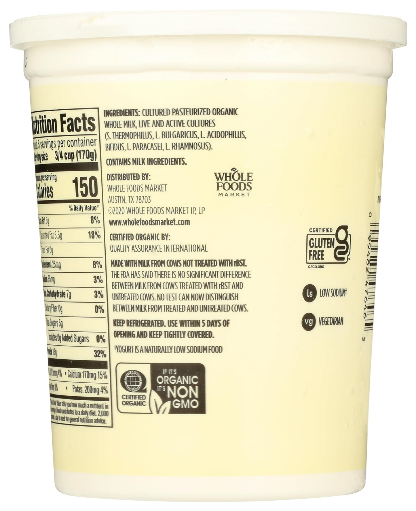 Organic Greek Whole Milk Yogurt, Plain, 32 oz