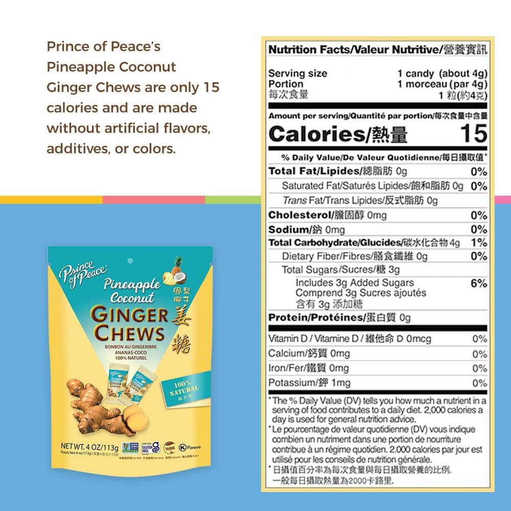 Prince Of Peace Pineapple Coconut Ginger Chews – Candied Ginger – 4 Oz. Bag – Candy Pack – Natural Candy – Healthy Snack – Vegan And Gluten-Free