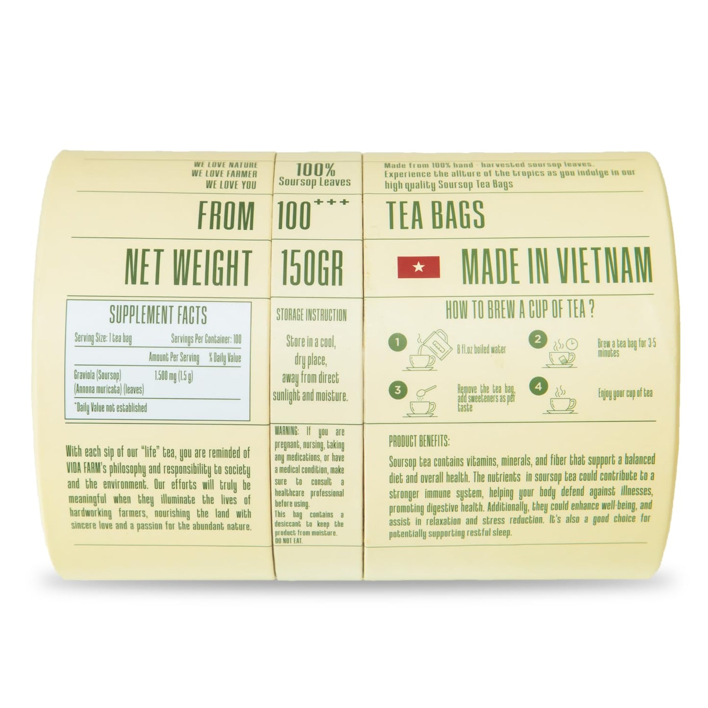 VIDA FARM Soursop Leaves Tea Bags, 100% Natural Herbal Tea, 100 Bags - Special Box