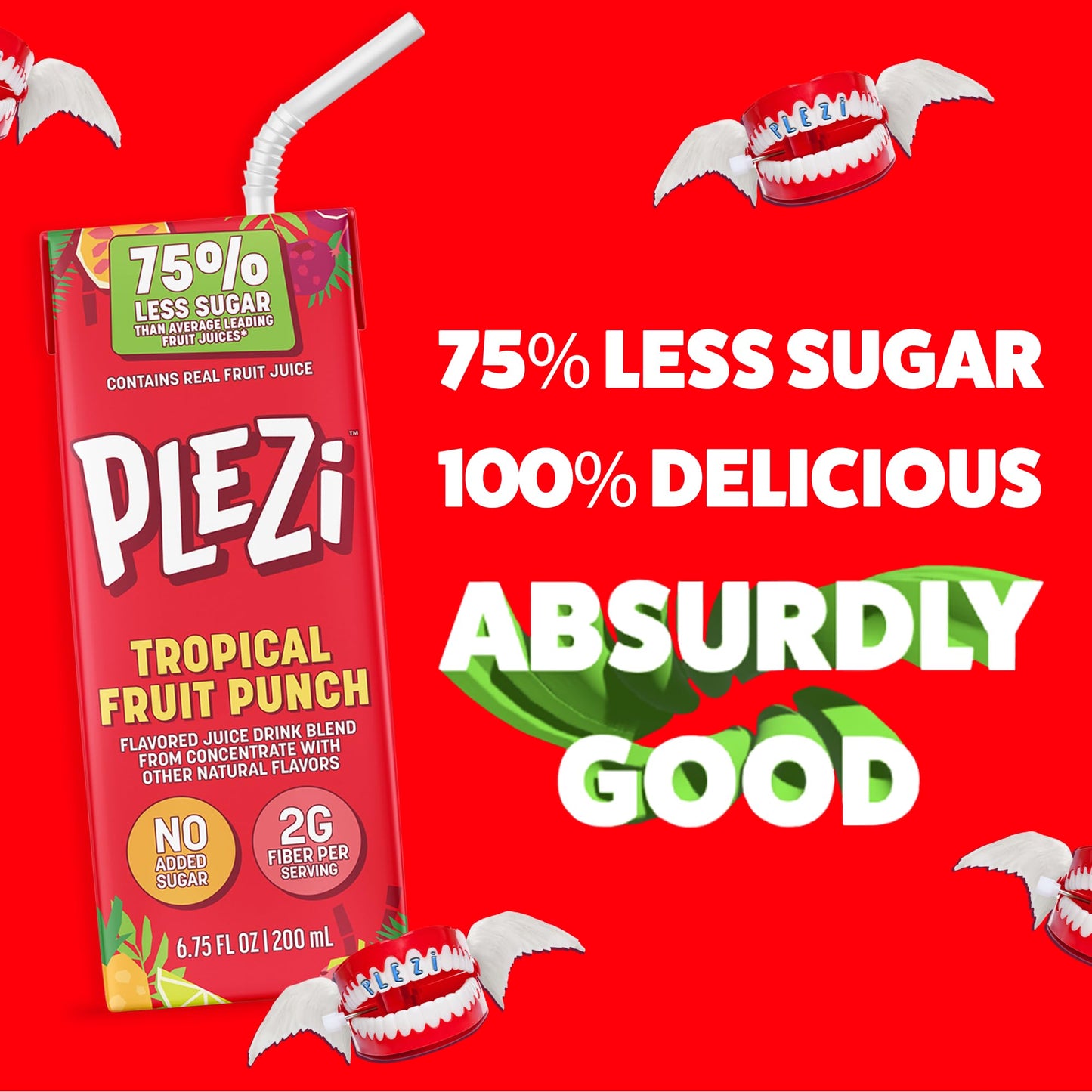 Plezi Fruit Juice Boxes For Kids, Tropical Fruit Punch - Low Sugar Drinks With Dietary Fiber, Healthy Vitamin C, And Potassium E