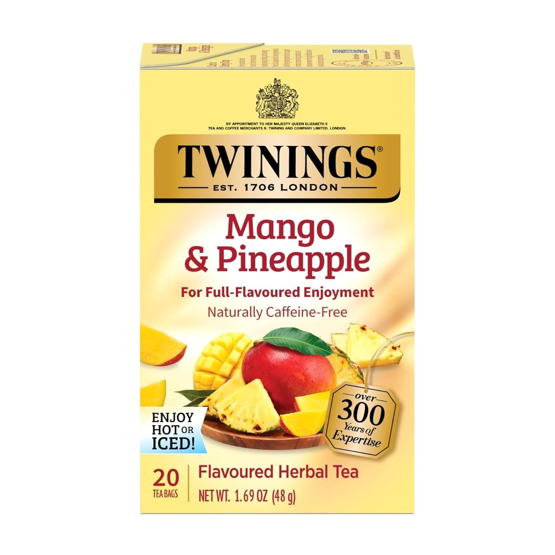 Twinings Mango & Pineapple Herbal Tea, Naturally Caffeine-Free, 20 Individually Wrapped Teabags, Enjoy Hot or Iced