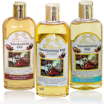 Bible Lands Treasure Anointing Oil For Prayer, Set Of 3: Spikenard, Rose Of Sharon, Myrrh & Frankincense, Blessing Oil Of Gladne