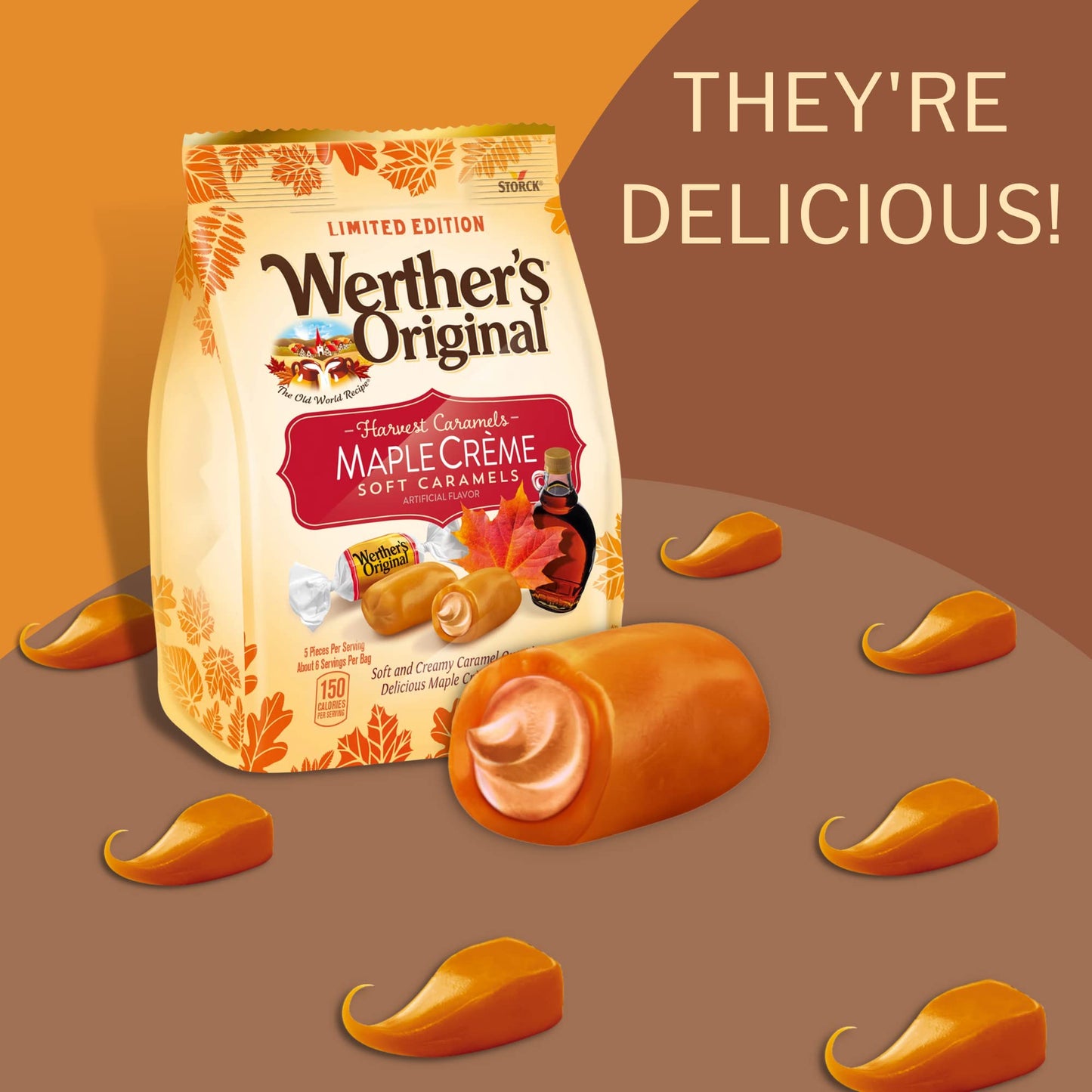 Needzo Werther's Original Harvest Soft Caramel Candies, Maple Crème Filled, 2 Pack, 7.4 Ounces Each, Chewy and Sharable