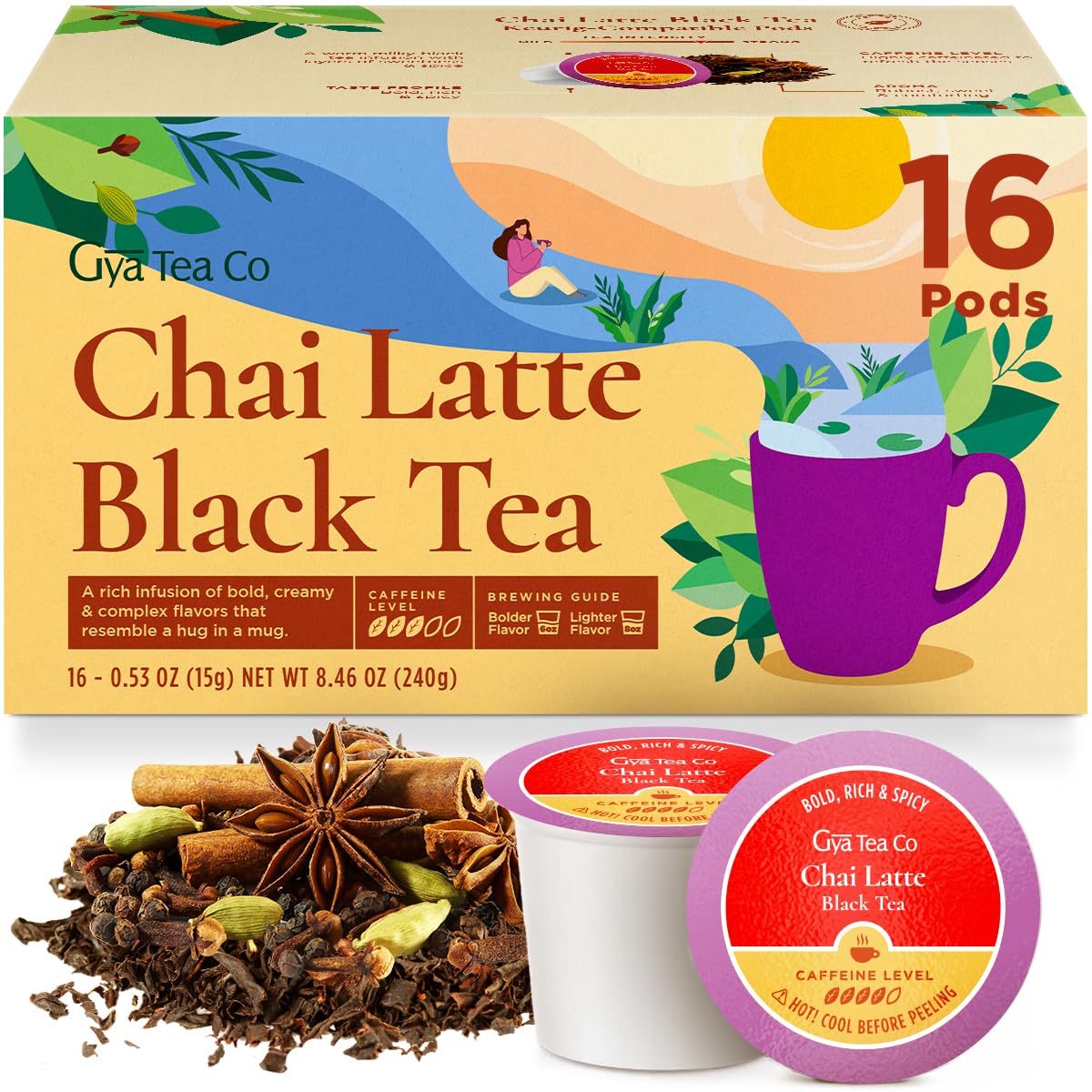 Gya Tea Co Chai Latte Black Tea Pods, 16 Count, Smooth & Flavourful, Enjoy Hot or Iced
