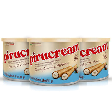 Pirucream Wafer Rolls – Delicious Crispy Coconut Creme Rolled Wafers Bites Filled Italian Snack Sticks Coco Roll, Relaxation Moment, Sweet Snack, Cookie Snacking Break (300 Grs/ 10.58 Oz - 3 Pack Tin)