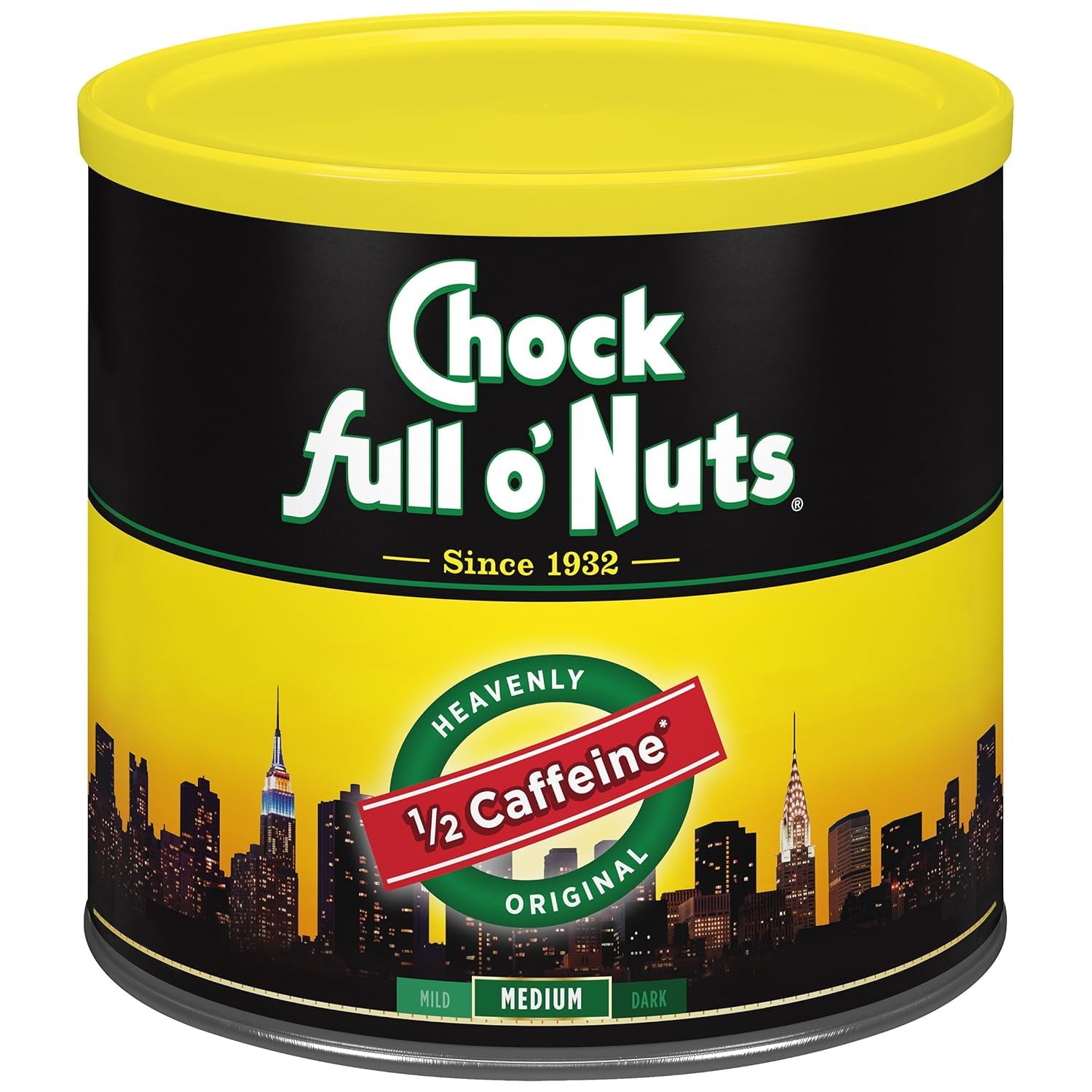 Chock Full o Nuts Half Caffeine Ground Coffee – Medium Roast, 24 Oz Can – Rich Flavor & Aroma