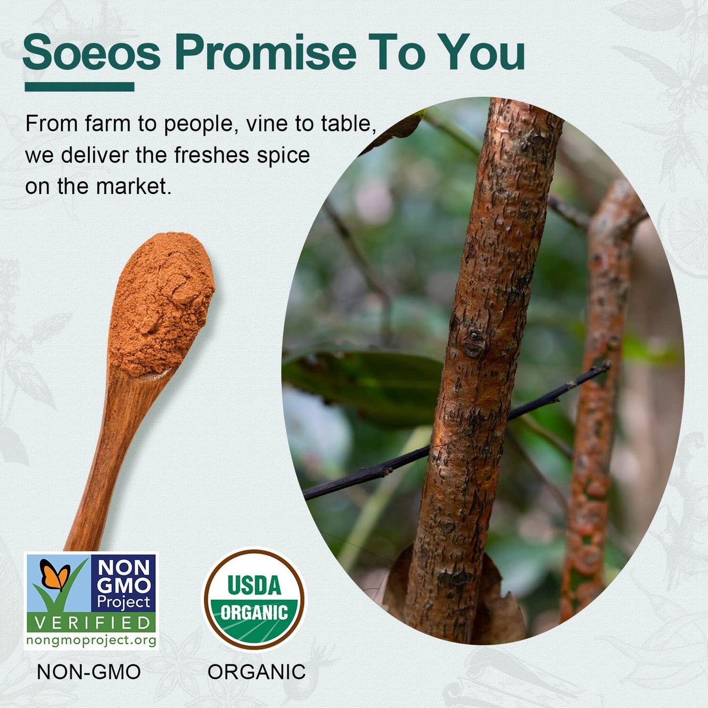 Soeos Organic Cinnamon Powder, Cinnamon, Ground Cinnamon, Cinnamon Sticks, 100% Raw, Non-Gmo, Kosher Certified, Cinnamon Seasoning Spice For Coffee, Baking, Cooking And Beverages 15 Oz (425G)