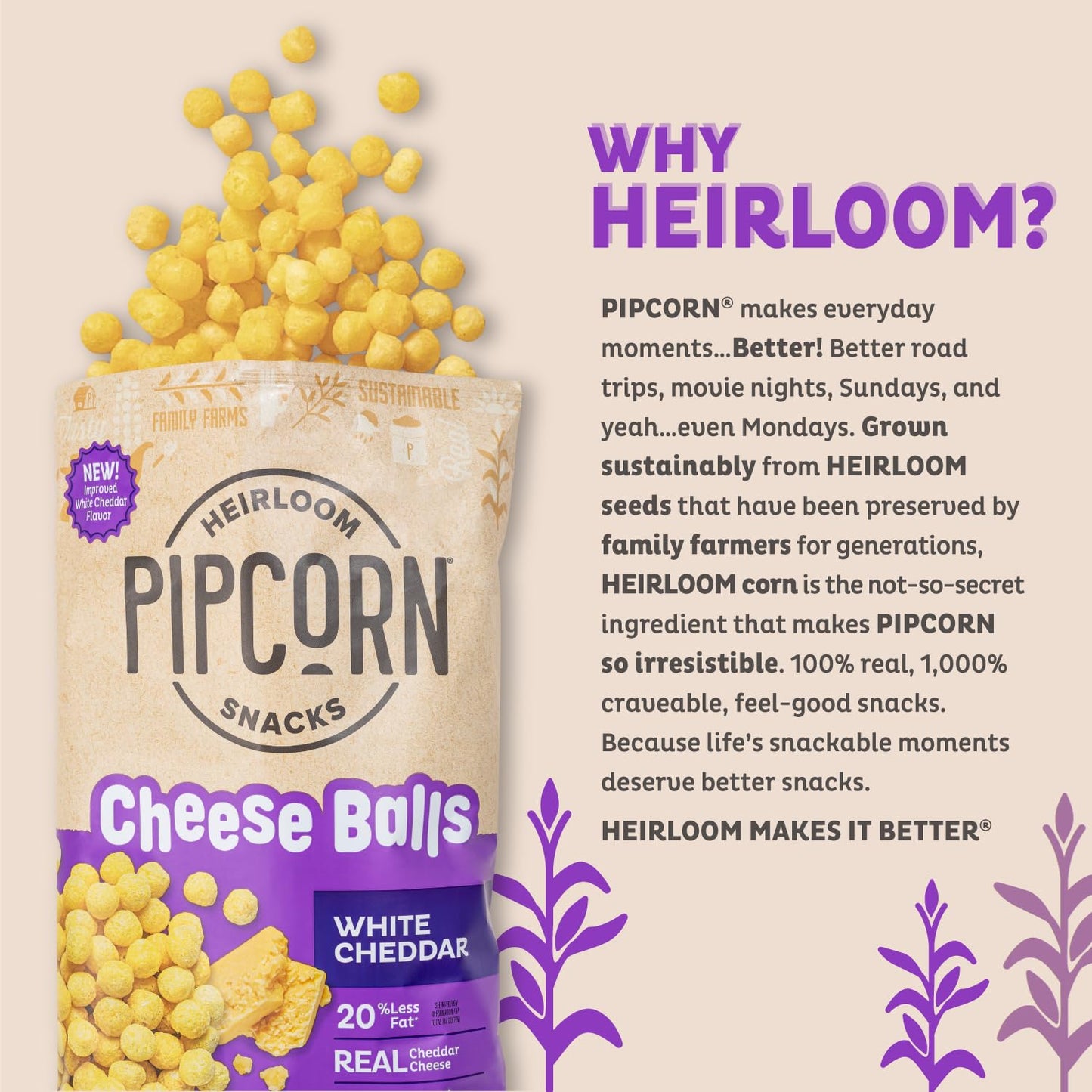 Heirloom White Cheddar Cheese Balls By Pipcorn - 4.5Oz 6Pk - Healthy Snacks, Gluten Free, Heirloom Corn, Baked Not Fried