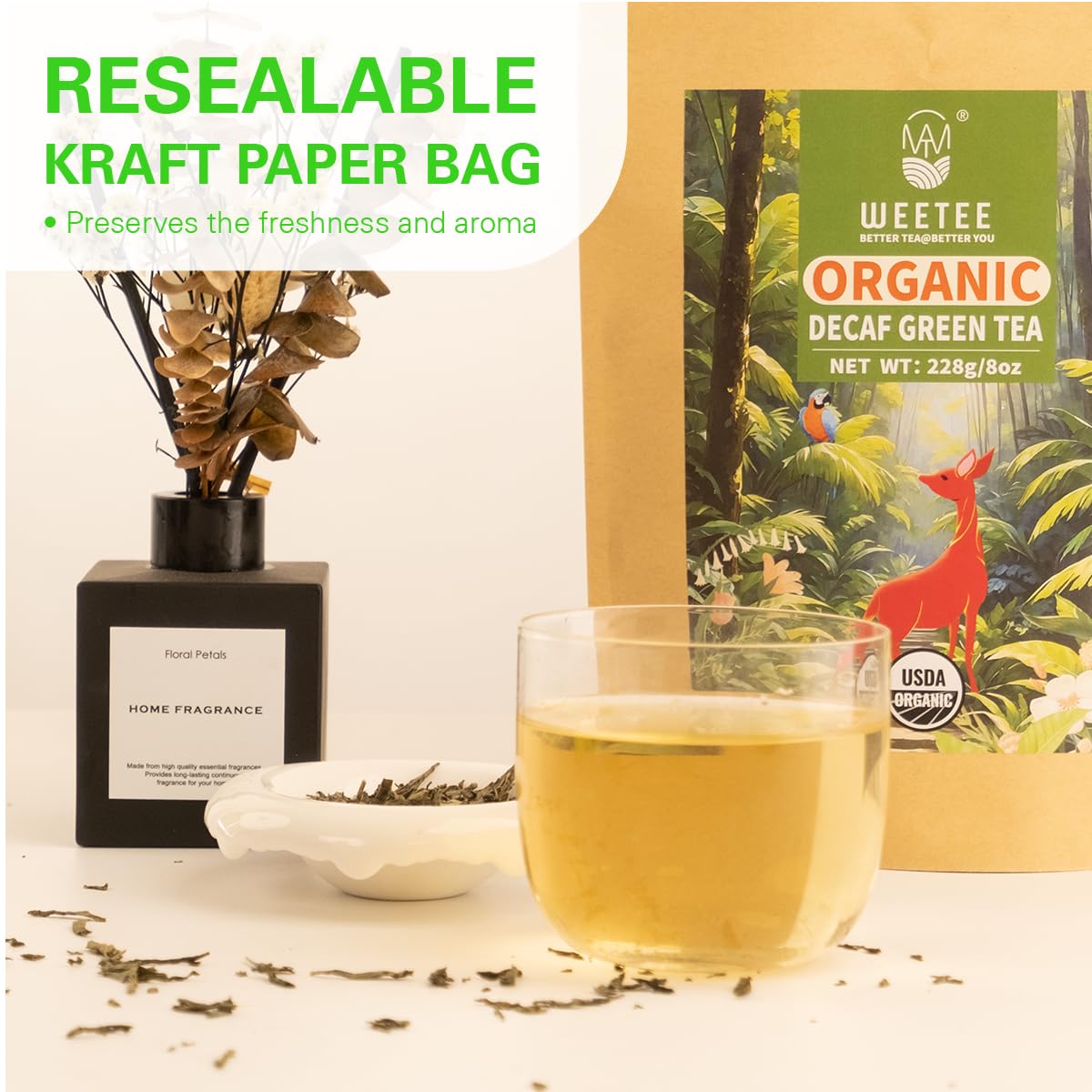 Wt Weetee Organic Decaf Green Tea Loose Leaf, 110+ Cups, Made Of Co2-Decaffeinated Green Tea Leaves, Naturally Sweet, Smooth And Refreshing, 228G /8Oz