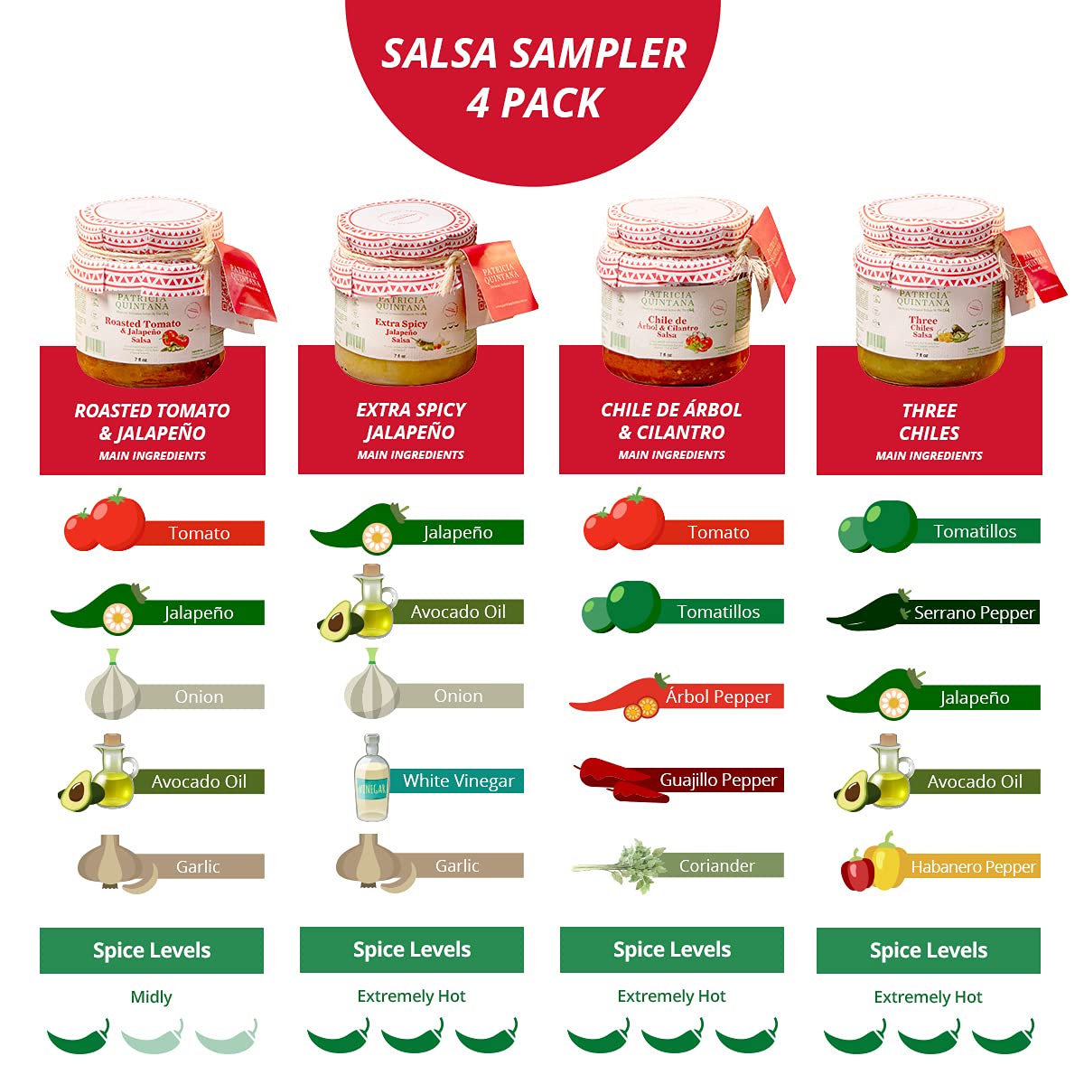 Patricia Quintana Authentic Mexican Salsa Sampler Pack - Enjoy Roasted Tomato & Jalapeo Salsa, Extra Spicy Jalapeo Salsa, Chile