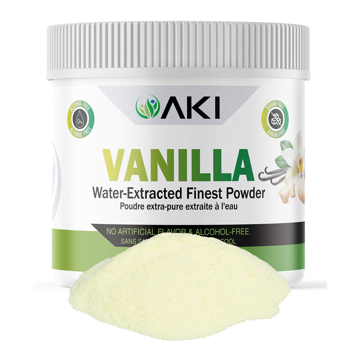 AKI ORGANIC Fine Vanilla Powder - Light Yellow, 5.29 Ounce, Non-GMO, Alcohol-Free, Ideal for Baking, Cooking and Smoothies