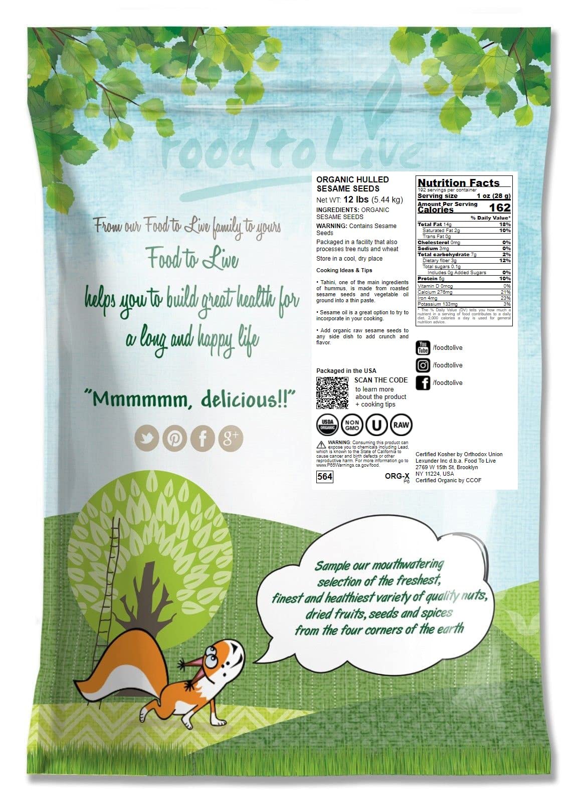 Food to Live Organic Hulled Sesame Seeds, 12 Pounds - Whole Raw White Sesame Seeds, Non-GMO, Kosher, Vegan, Unroasted, Bulk. Hig