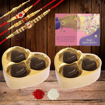 BOGATCHI Rakhi Chocolates for Brother, 2 Heart Chocolate Box, 3 pcs Each + 4 Rakhi + 2 Roli Chawal + Free Rakhi Card