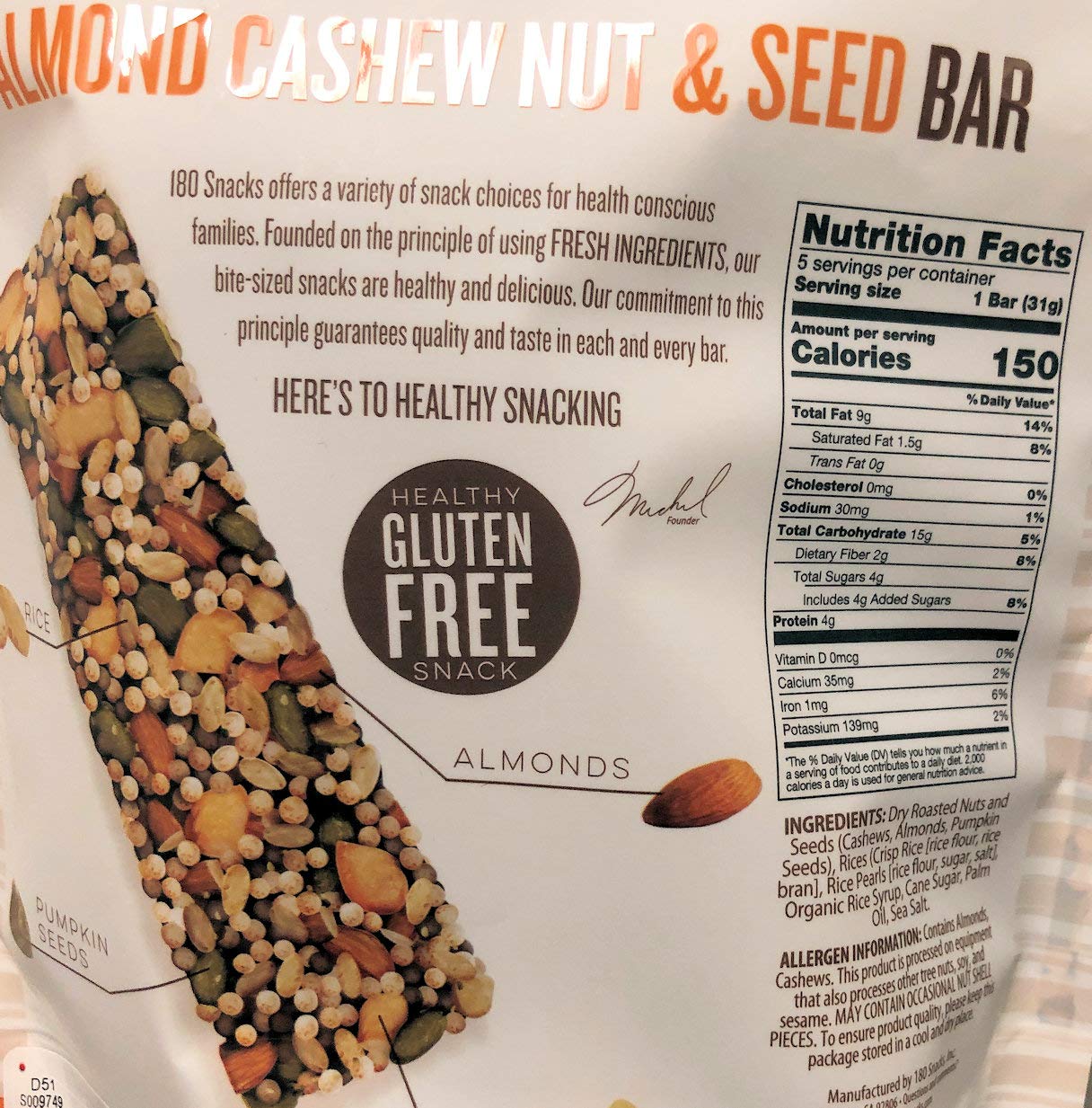 180 Snacks Fruit Nut & Seed Crunch Bar 1 Pack, 5 Snack Bars (Almond Cashew)