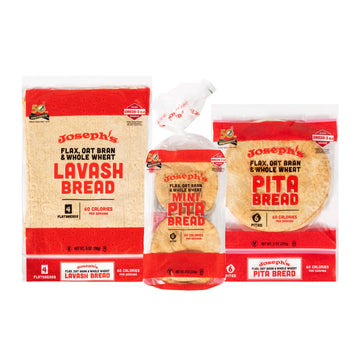 Joseph'S Combo Value Pack, Flax, Oat Bran & Whole Wheat, Low Carb Pita Bread, Lavash Bread, And Mini Pita, Fresh Baked (1 Pack E