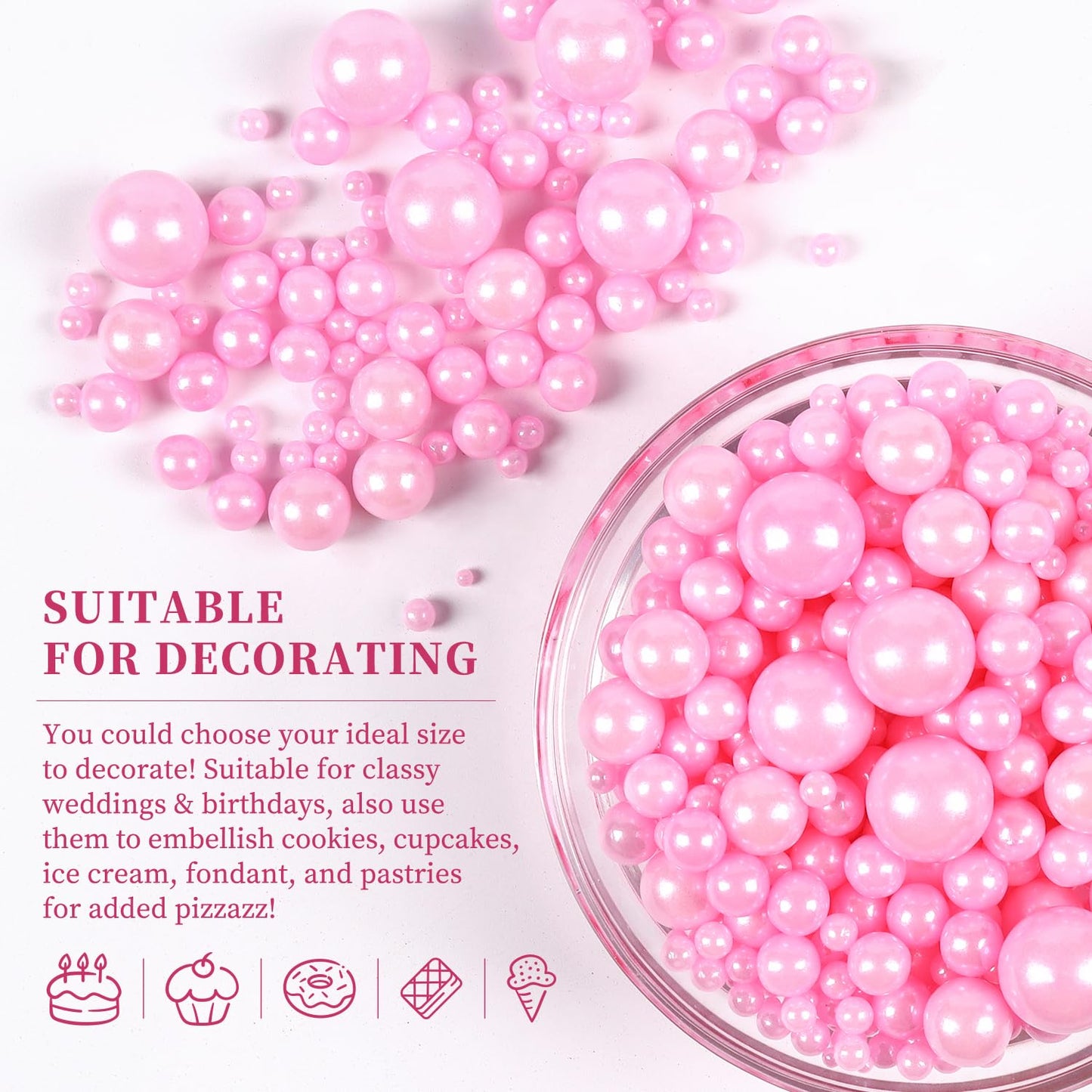 Edible Pearls For Cake Decorating, Pink Sprinkles, Pink Pearl Sprinkles For Cookies, Macaron, Cake, And Ice Cream Topping, Perfe