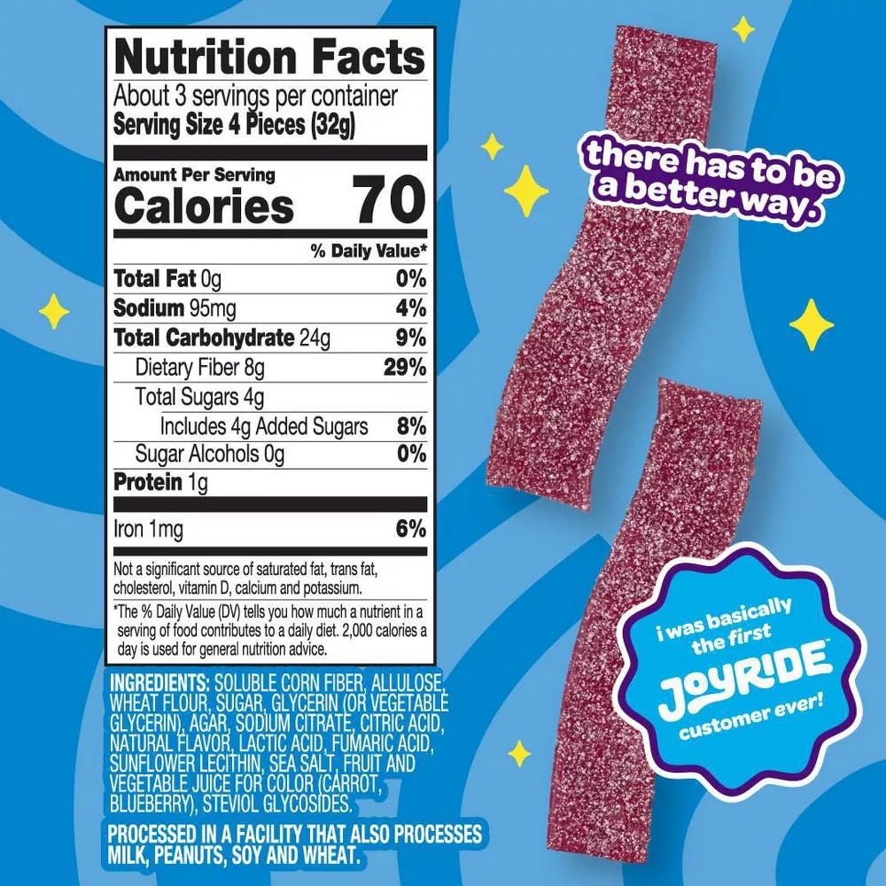 Joyride Sweets Candy Joyride Sour Blue Raspberry Candy Strips - 3.5Oz-Gummy Candy, Candy Strips, Sour Candy, 80% Less Sugar, Pla