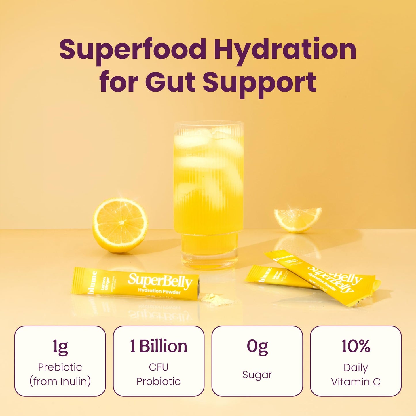 Blume SuperBelly Hydration Packets, Sugar-Free, with Prebiotics & Probiotics, 15 Sticks, Lemon Ginger, 2.1 Ounce