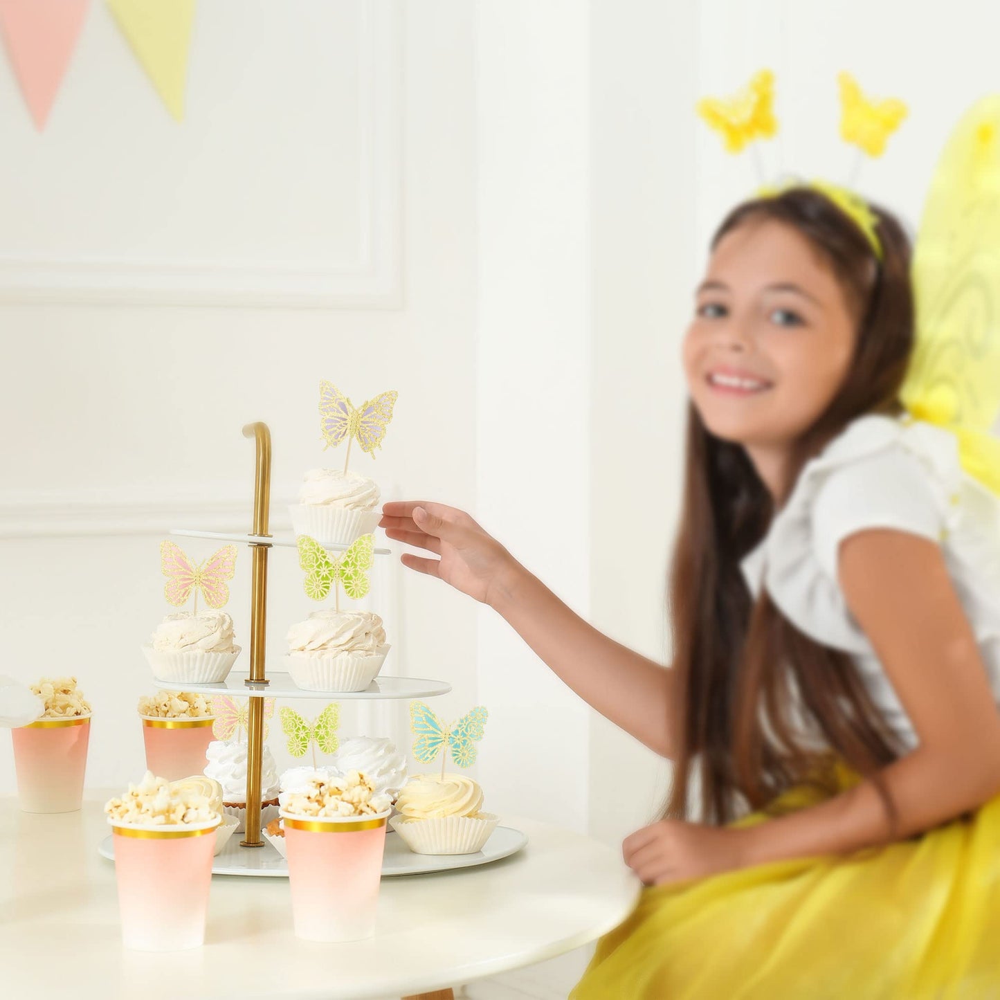 Gyufise 24Pcs Butterfly Cupcake Toppers Assembled Gold Glitter Colorful Double Layers 3D Butterfly Cupcake Picks Butterfly Theme