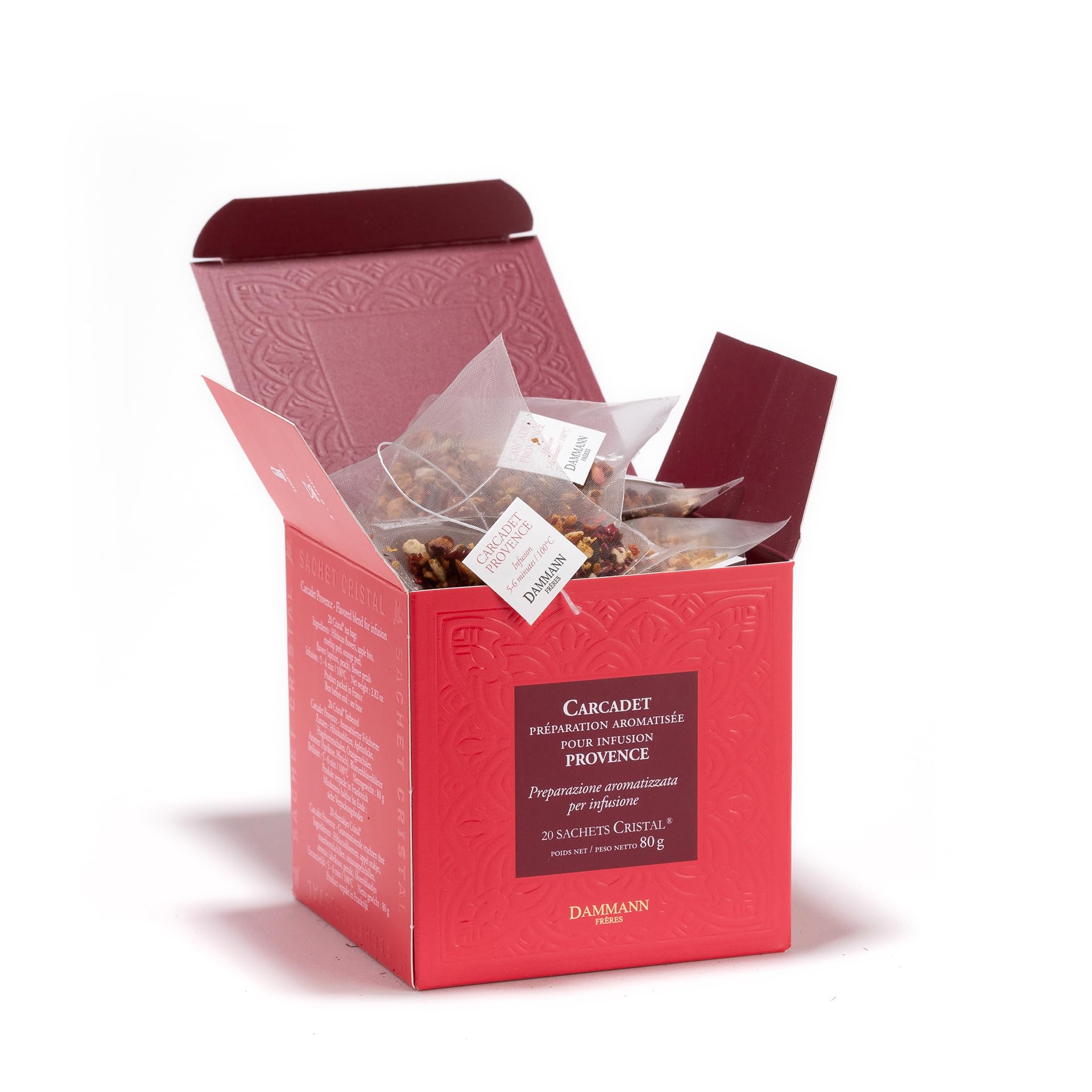 Dammann Freres Satchets  Carcadet Provence Tea Bags  Top-Grade Gourmet French Herbal Tea  Blend Hibiscus  Apricot  Peach Flavors  20 Count (Single Pack)