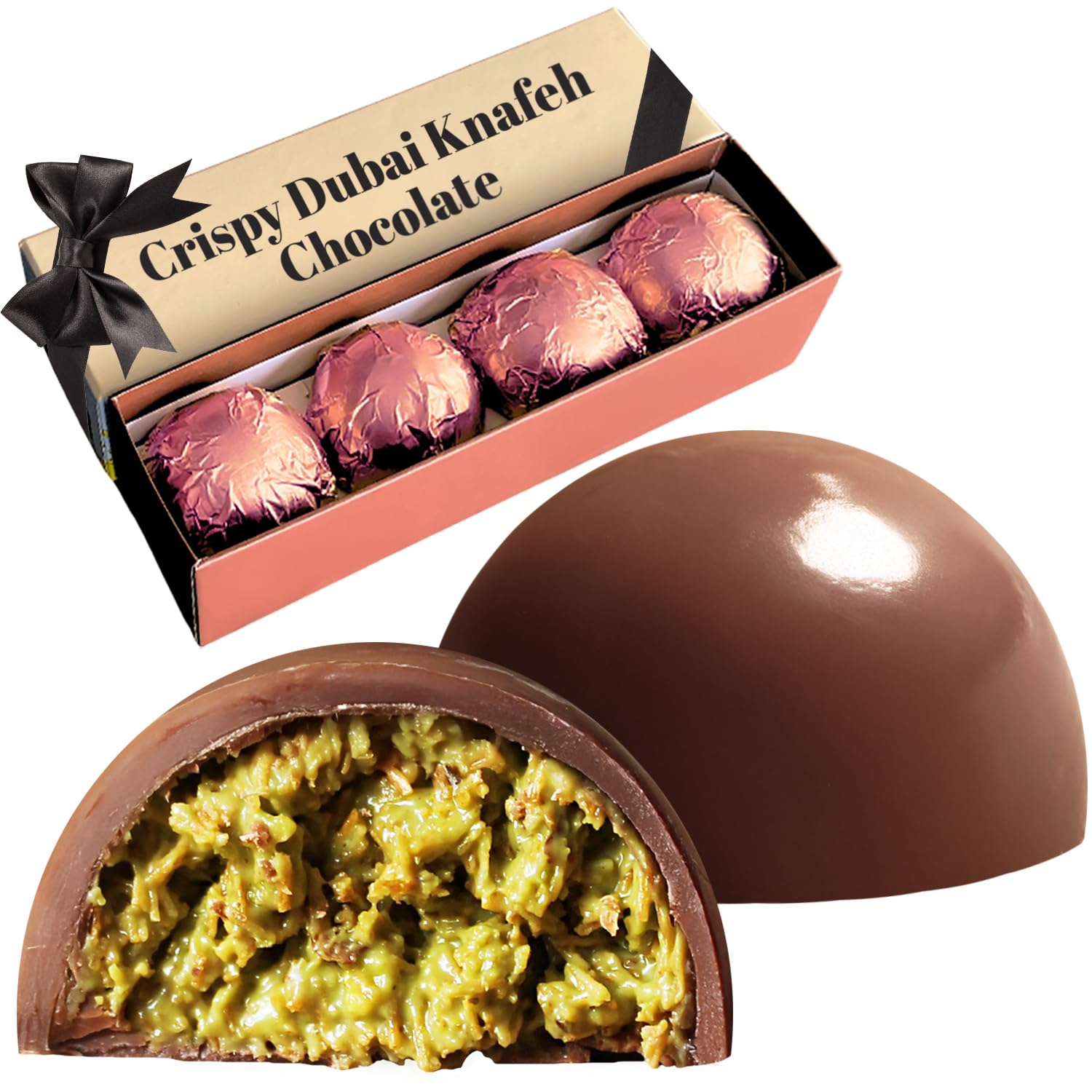 Dubai Pistachio Kunafa Chocolate Balls - Crunchy Kataifi & Creamy Pistachio Milk Chocolate Truffles (4 Pieces)