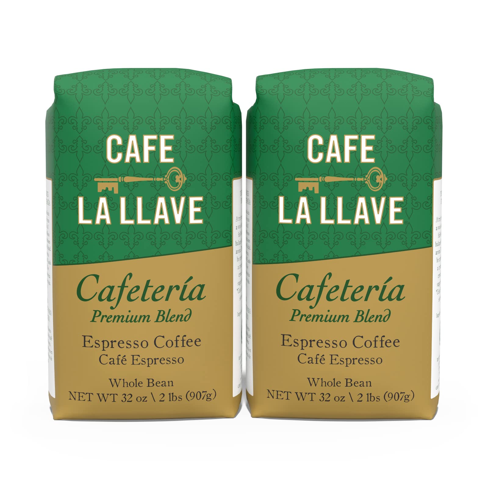Cafe La Llave Whole Bean (32 ounce) Espresso Coffee, for Your Coffee Maker, (Pack of 2)