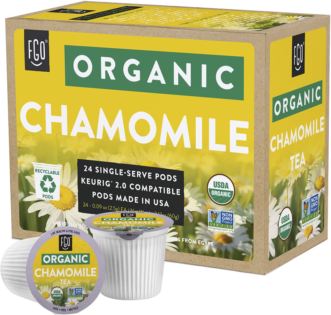 Organic Chamomile Herbal Tea K-Cup Pods  24 Pods by FGO - Keurig Compatible - Naturally Caffeine-Free Tea  enhanced Green Tea is USDA Organic  Non-GMO  & Recyclable