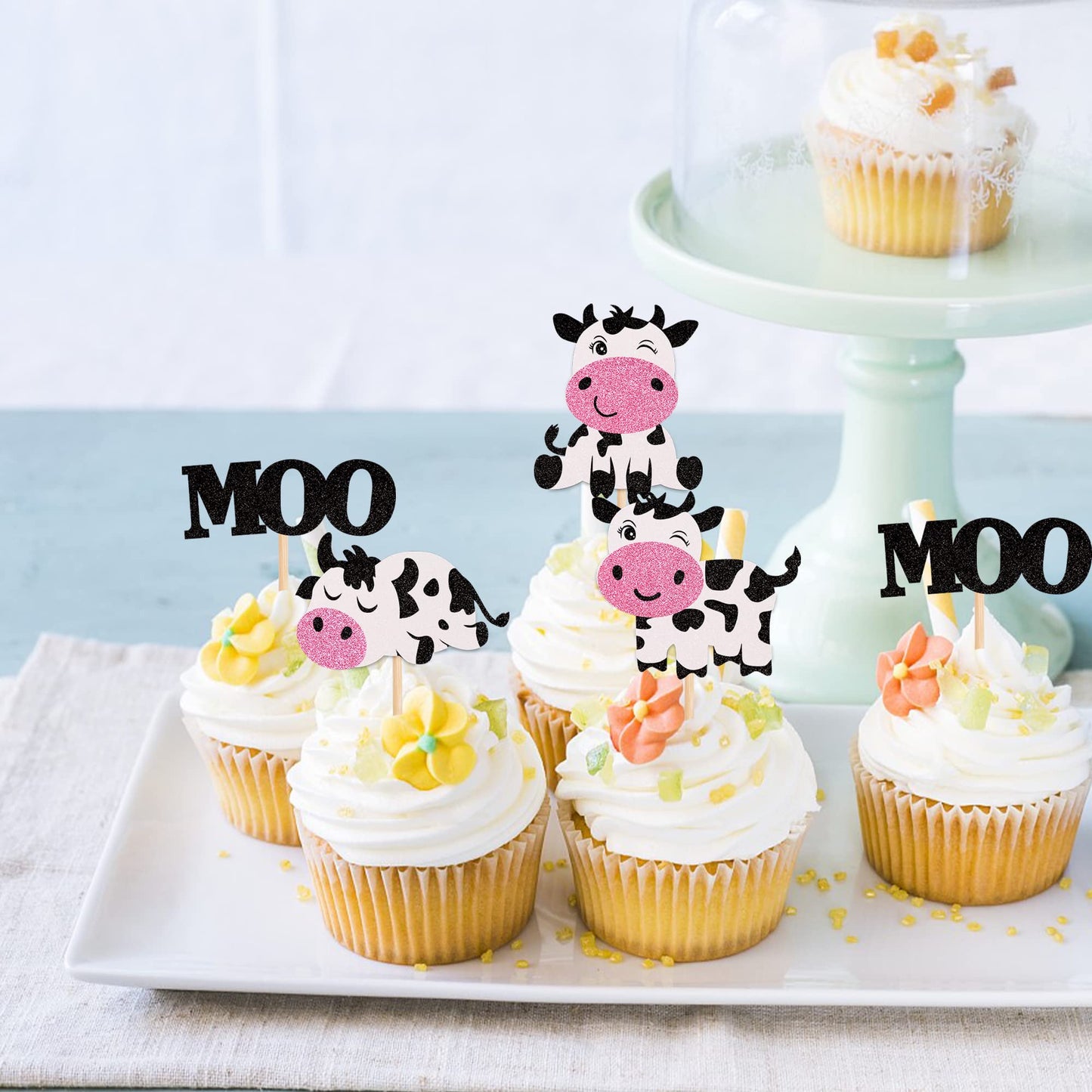 24 Pcs Cow Cupcake Toppers Glitter Farm Animals Moo Cupcake Picks Cow Theme Baby Shower Kids Birthday Party Cake Decorations Sup