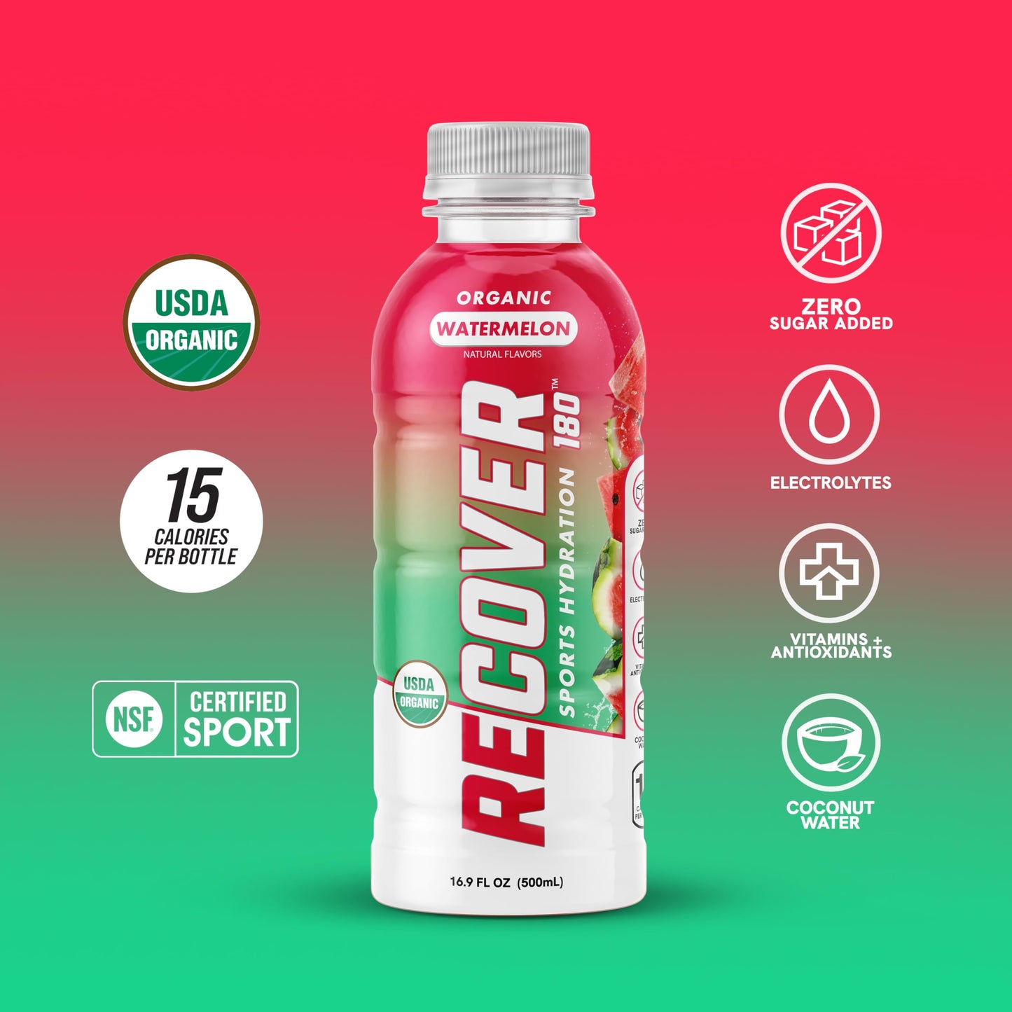 RECOVER 180 Organic Sports Hydration Drink, No Sugar Added, 20 Calorie Sports Beverage, Organic Flavors With Vitamins, Potassium